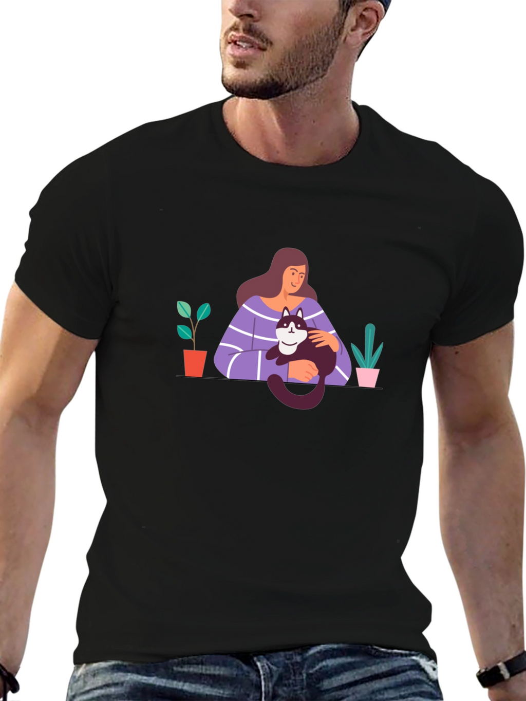 Cute Cat Lady Graphic Tee - Black Unisex T-Shirt
