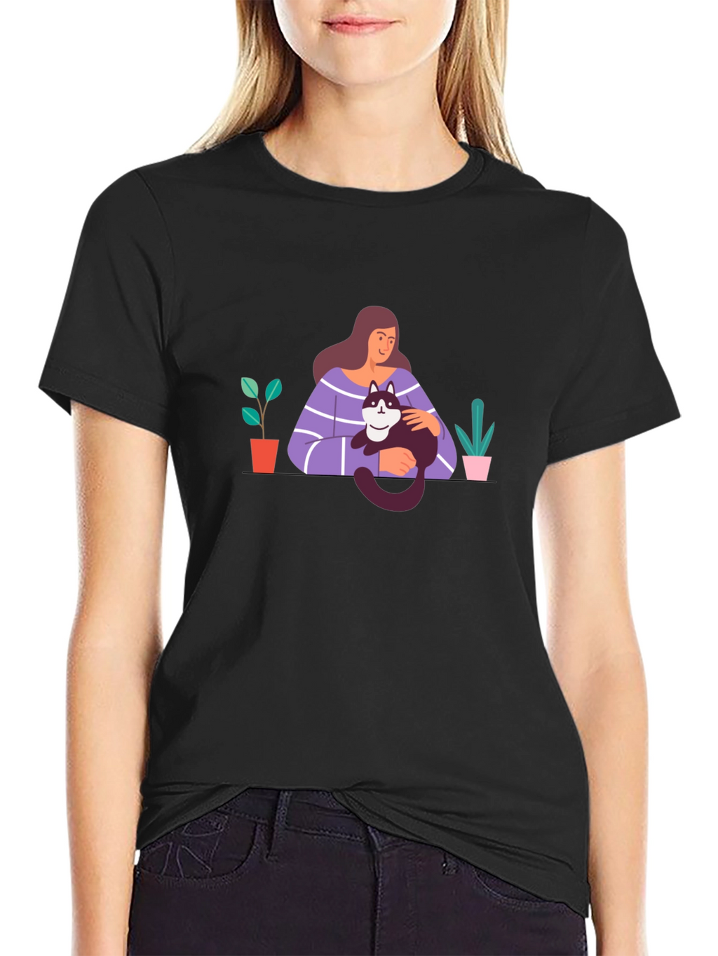 Cute Cat Lady Graphic Tee - Black Unisex T-Shirt