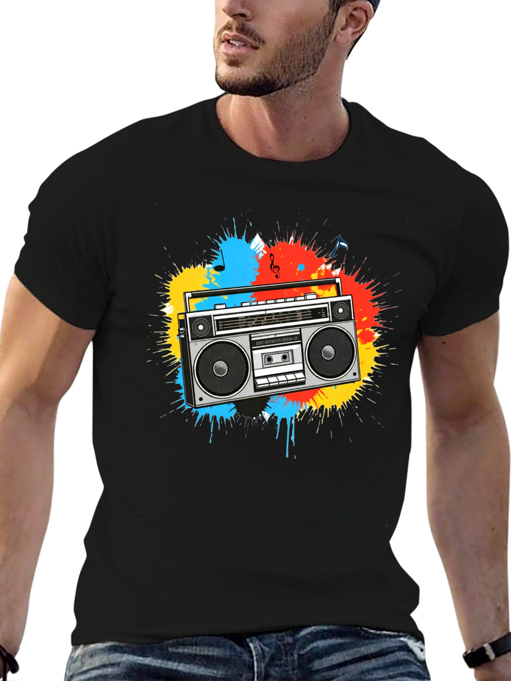Boombox Splatter Graphic T-Shirt - Retro Style
