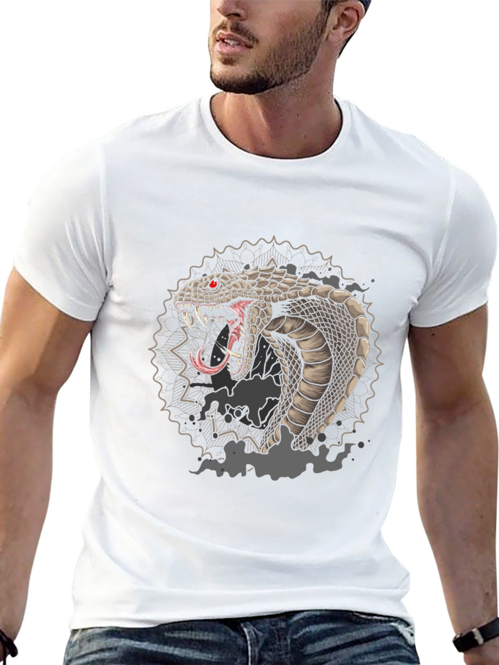 Mens Black Graphic Tee - Cobra Snake Design