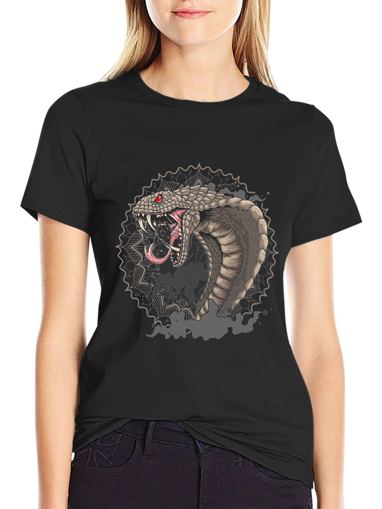 Mens Black Graphic Tee - Cobra Snake Design