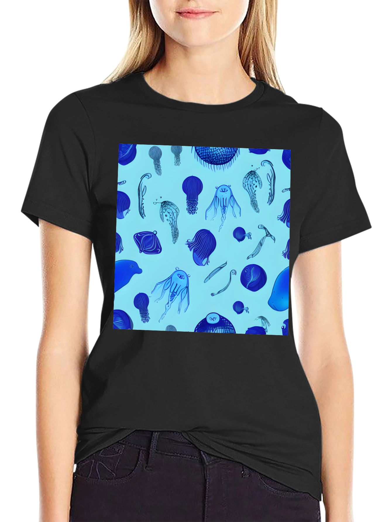 Jellyfish Print Tee - Stylish Black Cotton Blend T-Shirt
