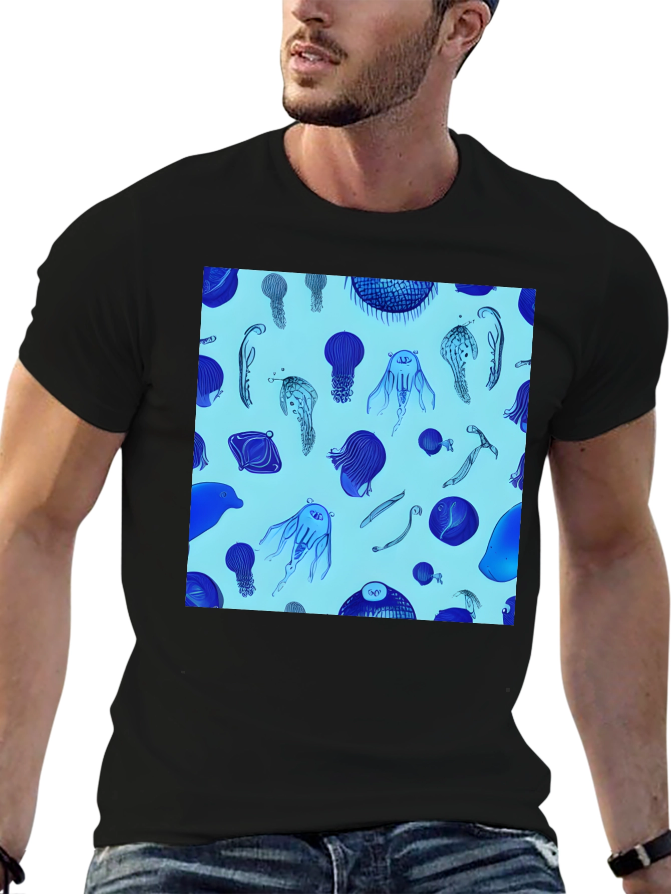 Jellyfish Print Tee - Stylish Black Cotton Blend T-Shirt