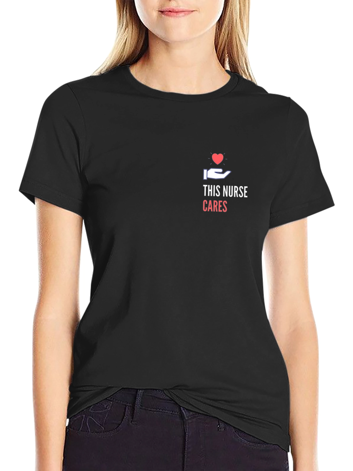 This Nurse Cares Black T-Shirt - Heart & Hand Design