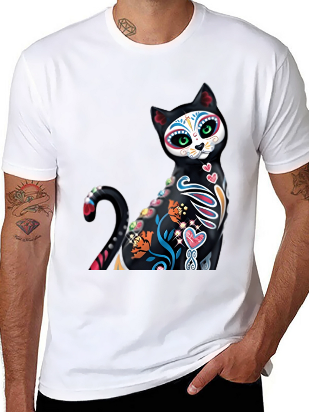 Sugar Skull Cat Graphic Tee - Black