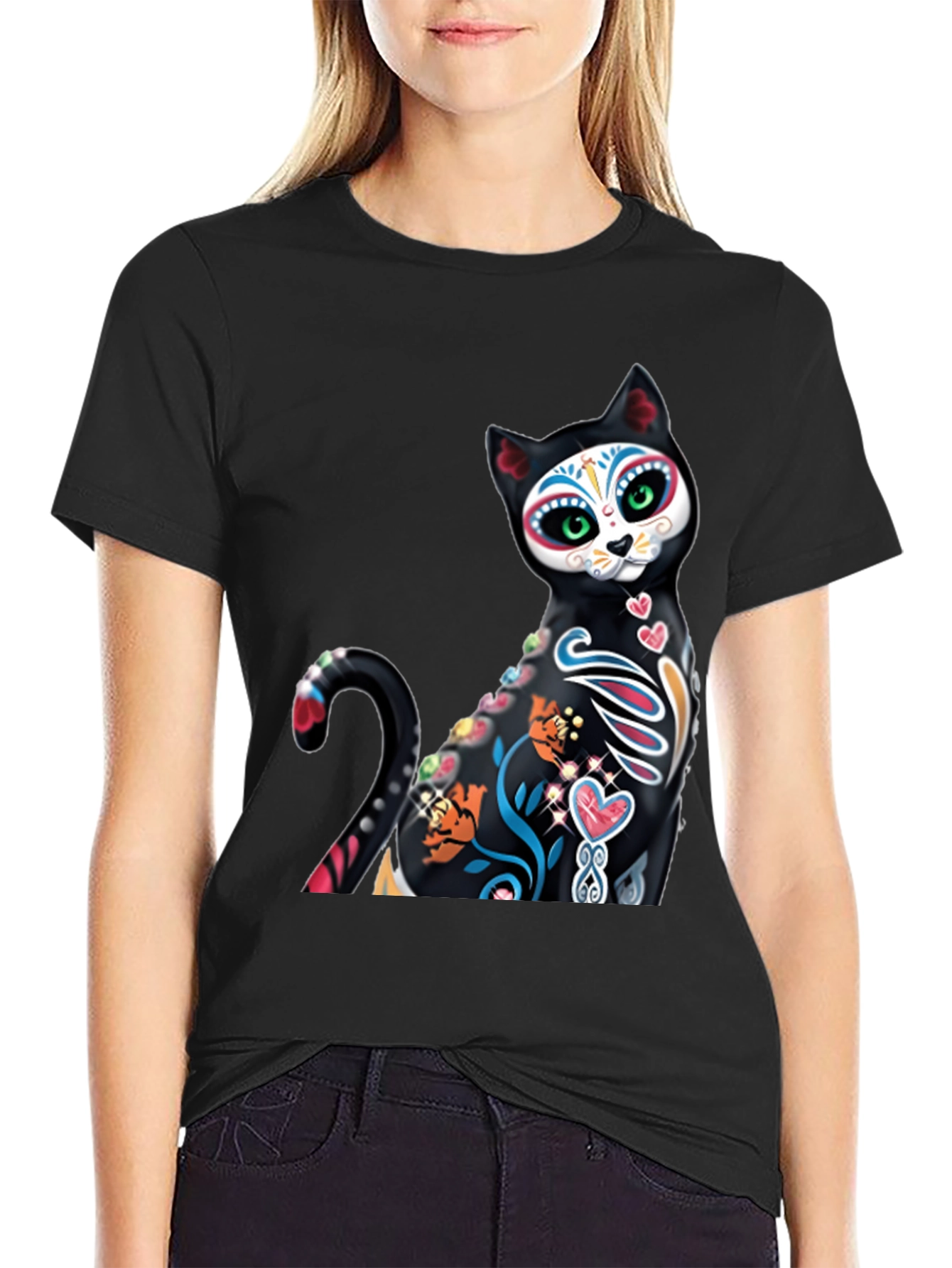 Sugar Skull Cat Graphic Tee - Black
