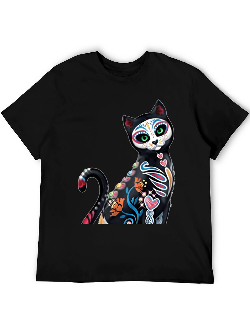 Sugar Skull Cat Graphic Tee - Black