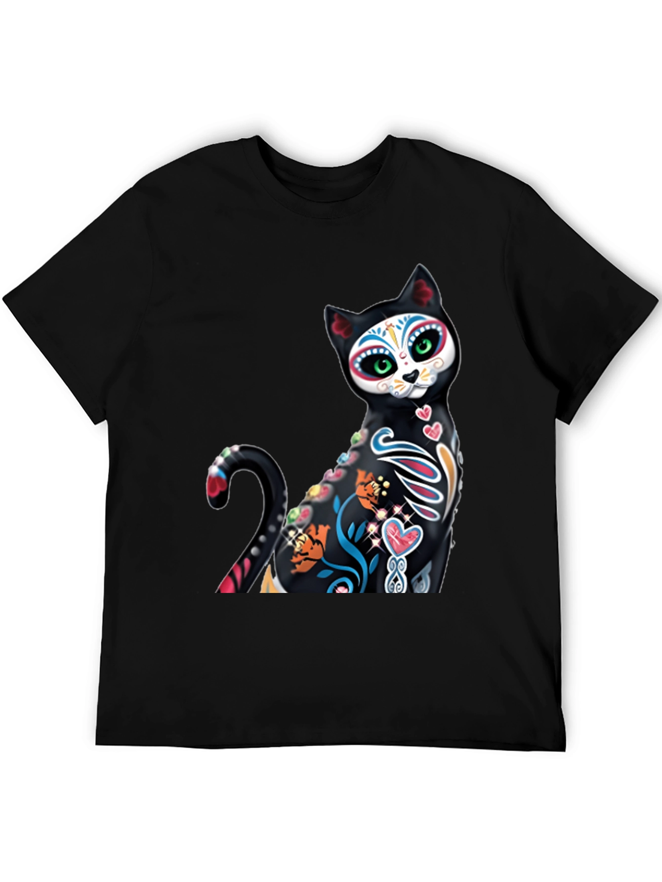 Sugar Skull Cat Graphic Tee - Black