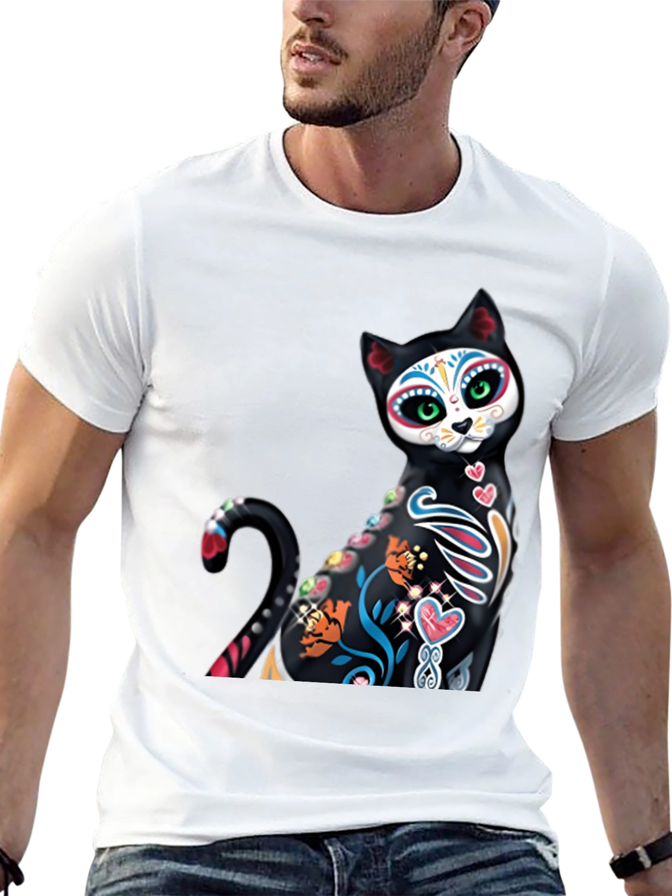 Sugar Skull Cat Graphic Tee - Black