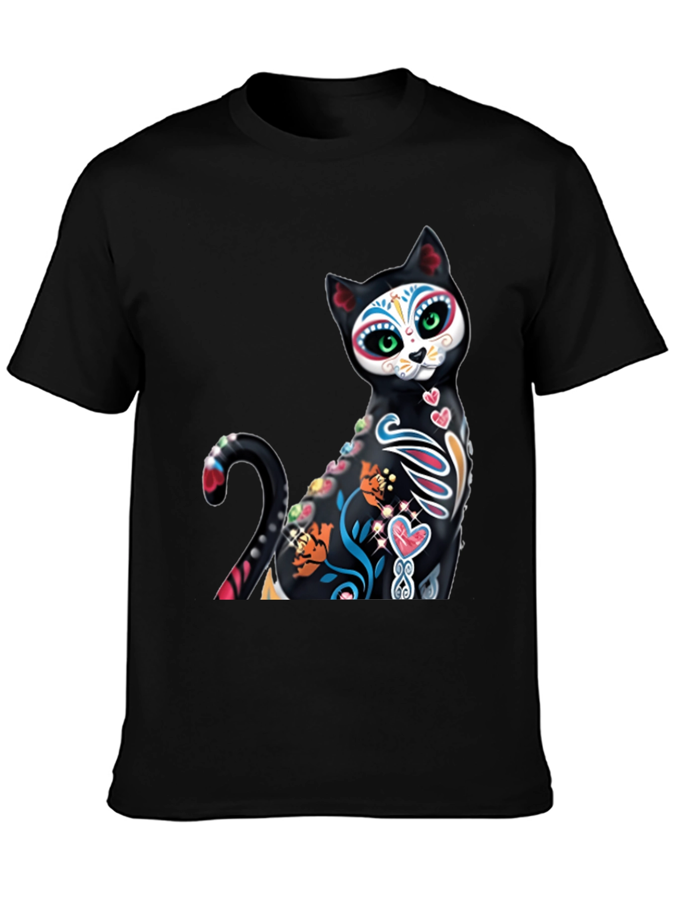 Sugar Skull Cat Graphic Tee - Black