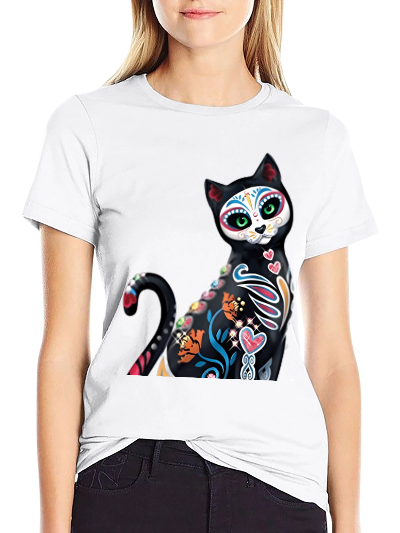 Sugar Skull Cat Graphic Tee - Black