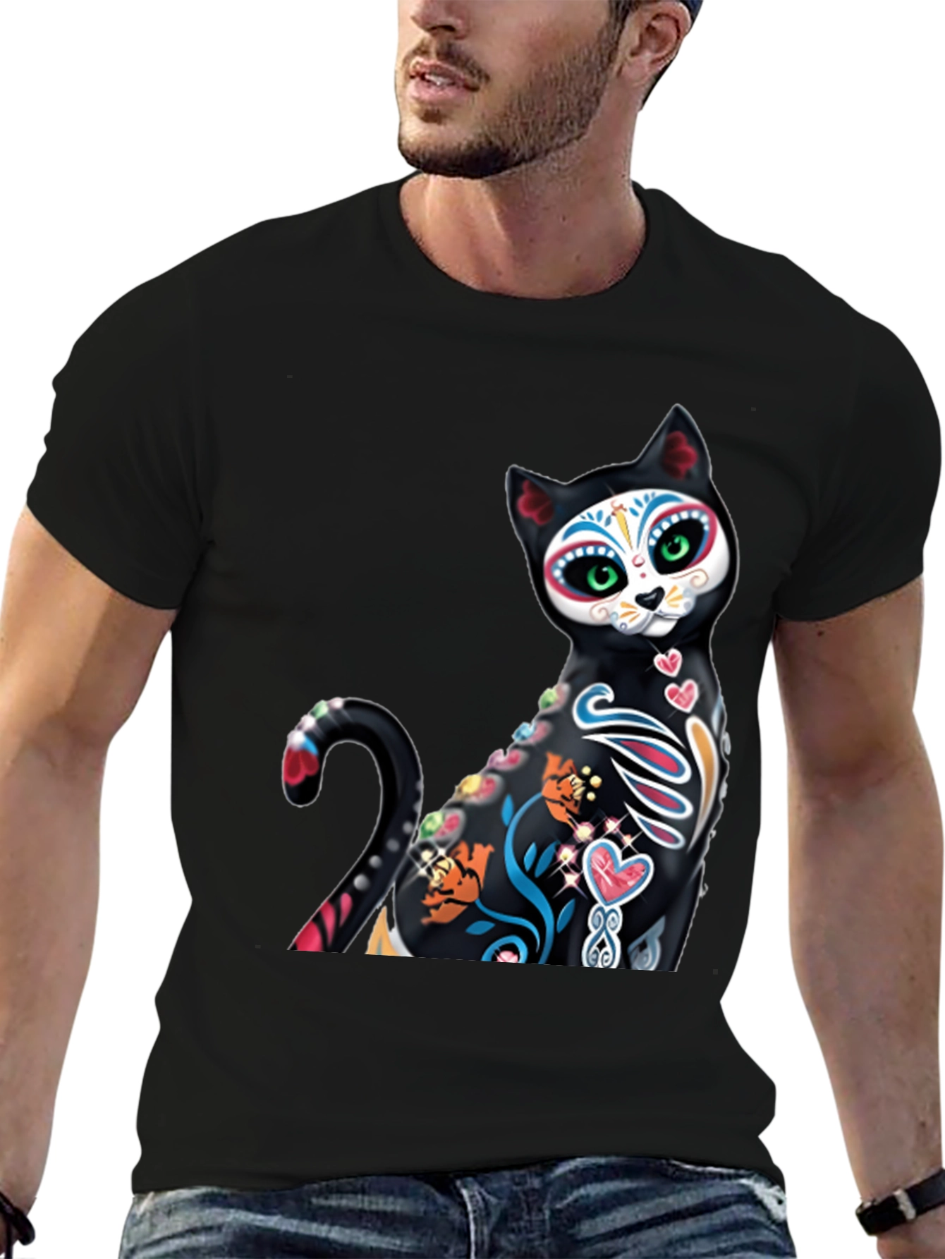 Sugar Skull Cat Graphic Tee - Black