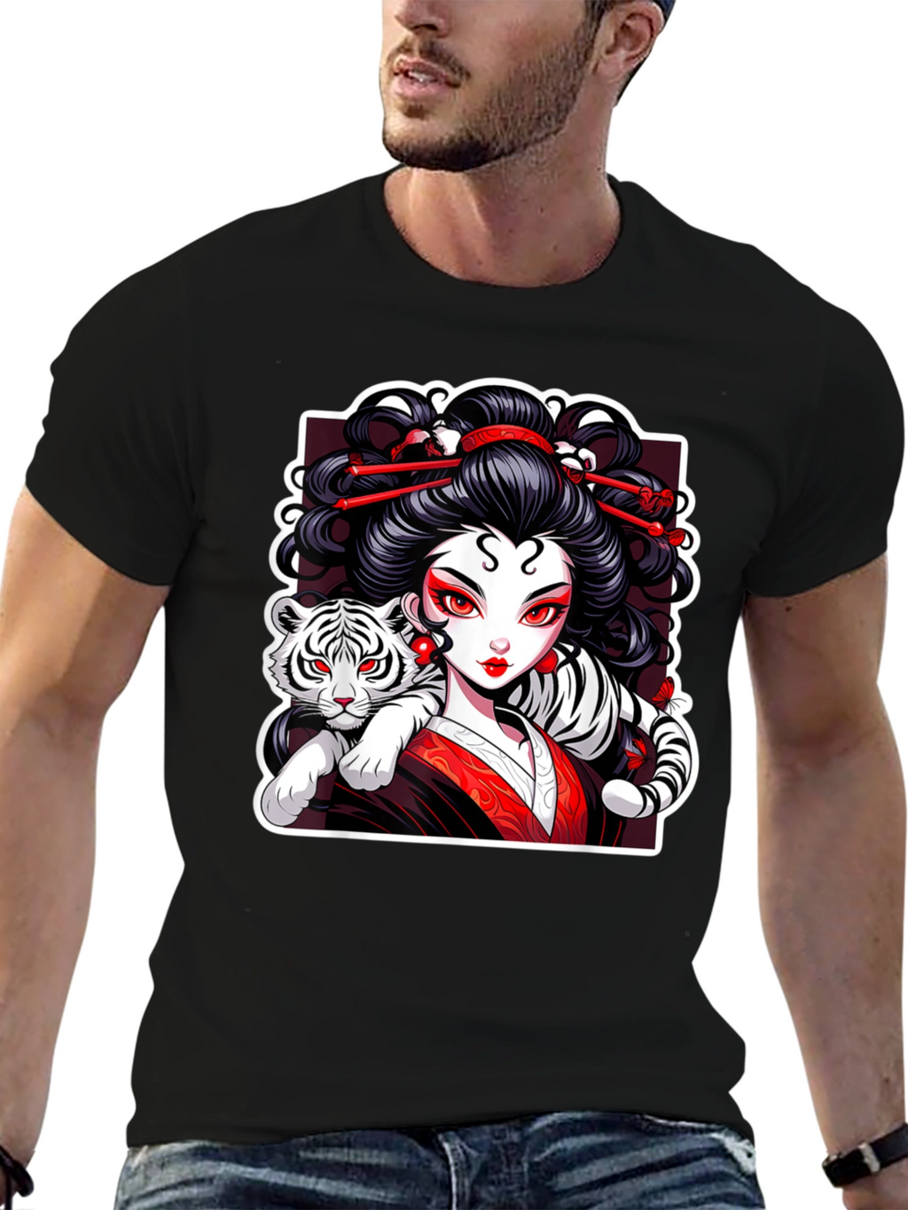 Geisha & Tiger Graphic Tee - Cool Artistic Design!