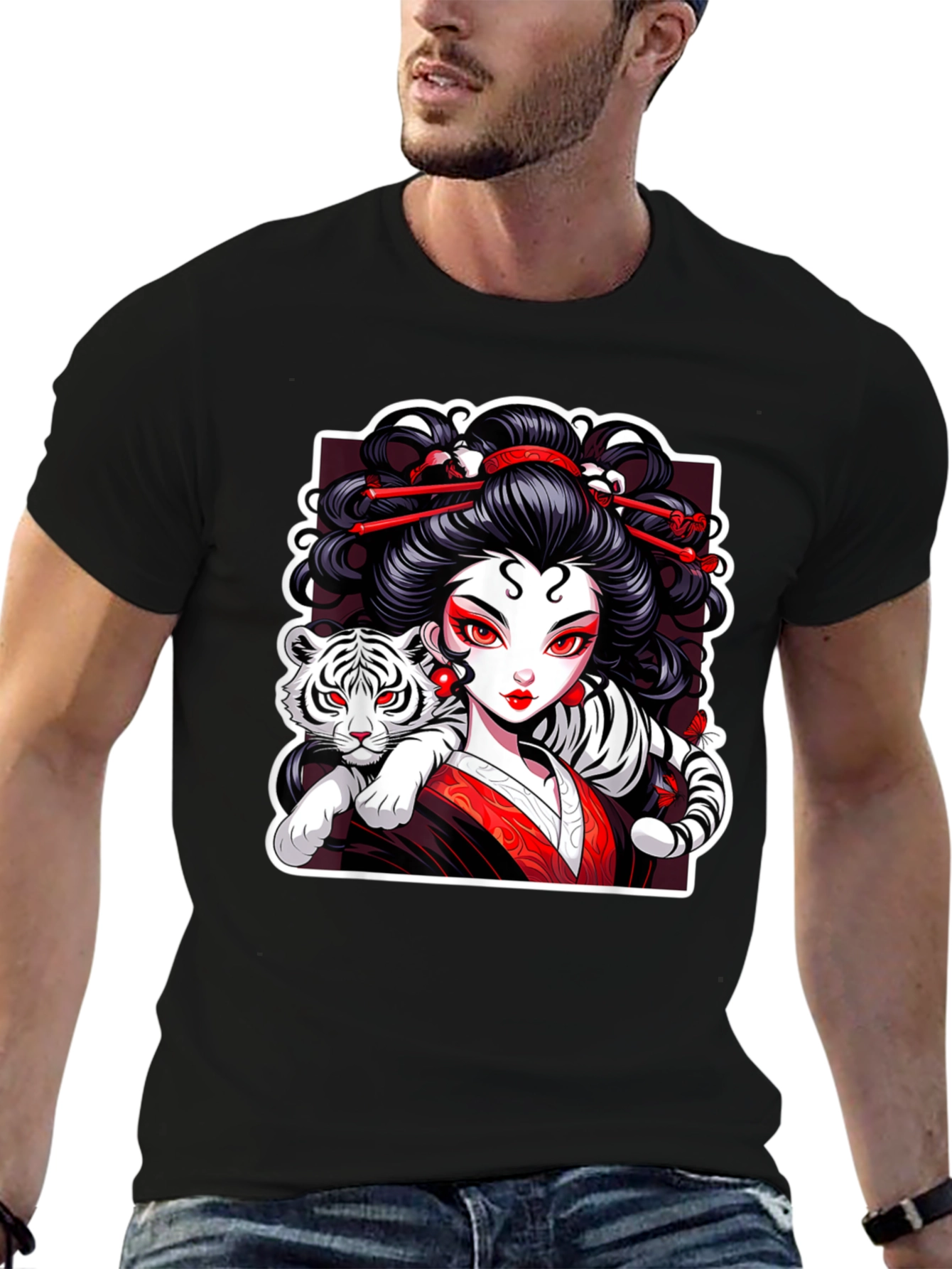 Geisha & Tiger Graphic Tee - Cool Artistic Design!