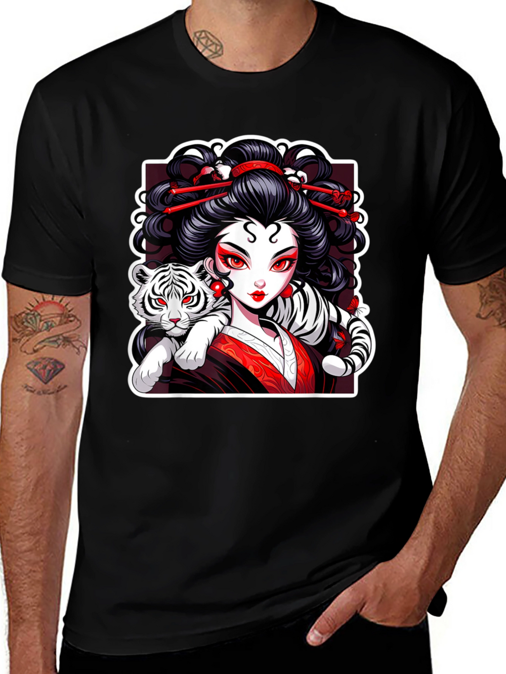 Geisha & Tiger Graphic Tee - Cool Artistic Design!