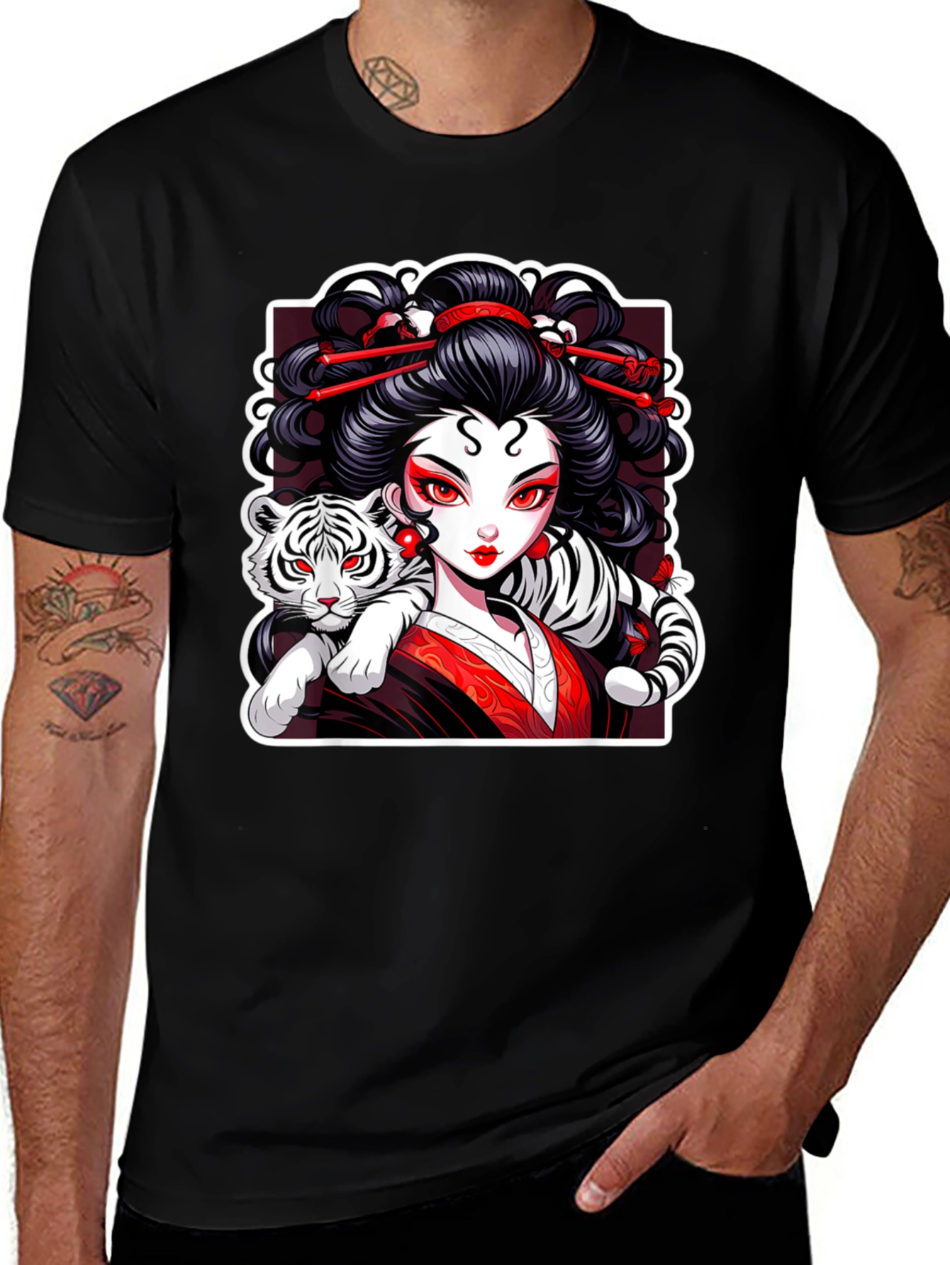 Geisha & Tiger Graphic Tee - Cool Artistic Design!