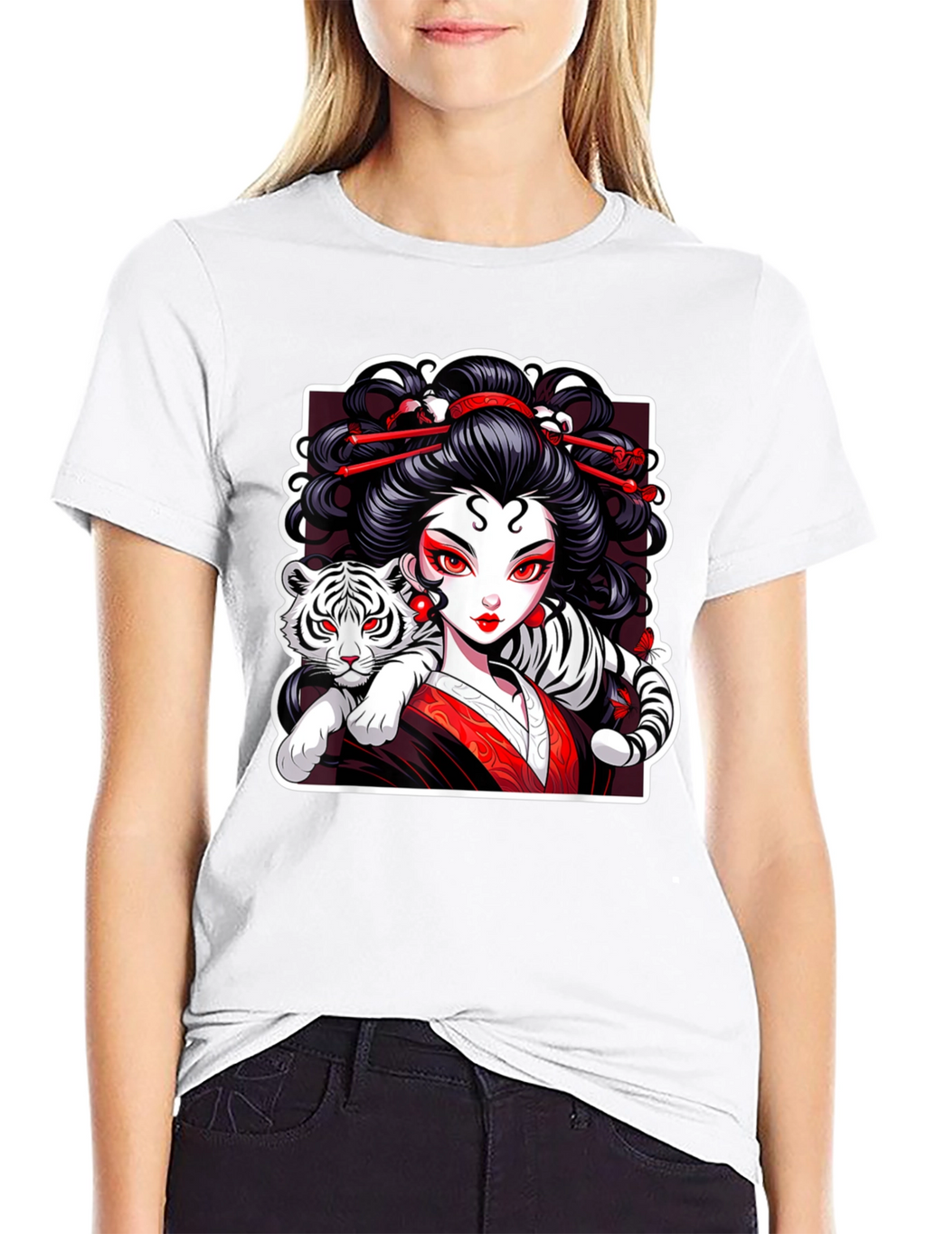 Geisha & Tiger Graphic Tee - Cool Artistic Design!