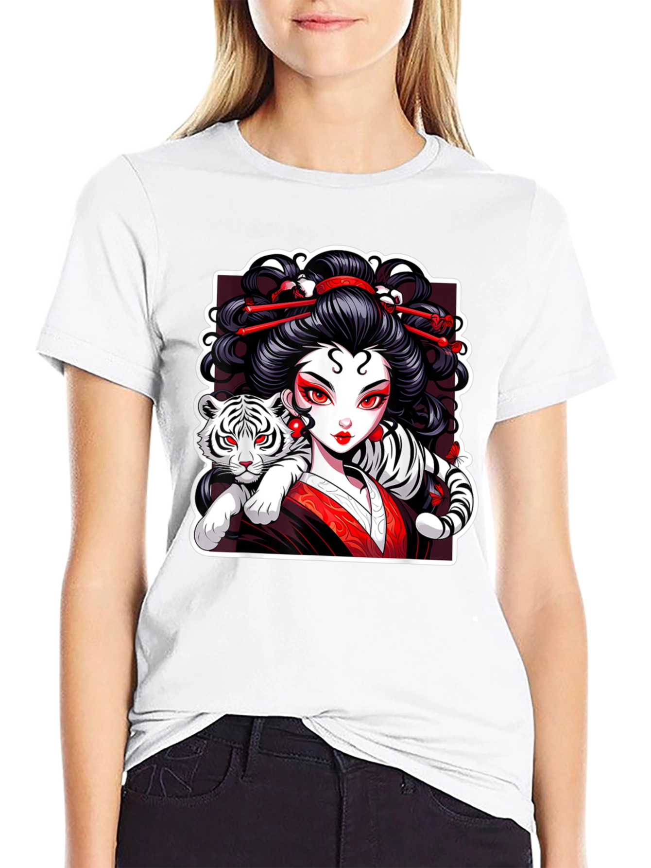 Geisha & Tiger Graphic Tee - Cool Artistic Design!