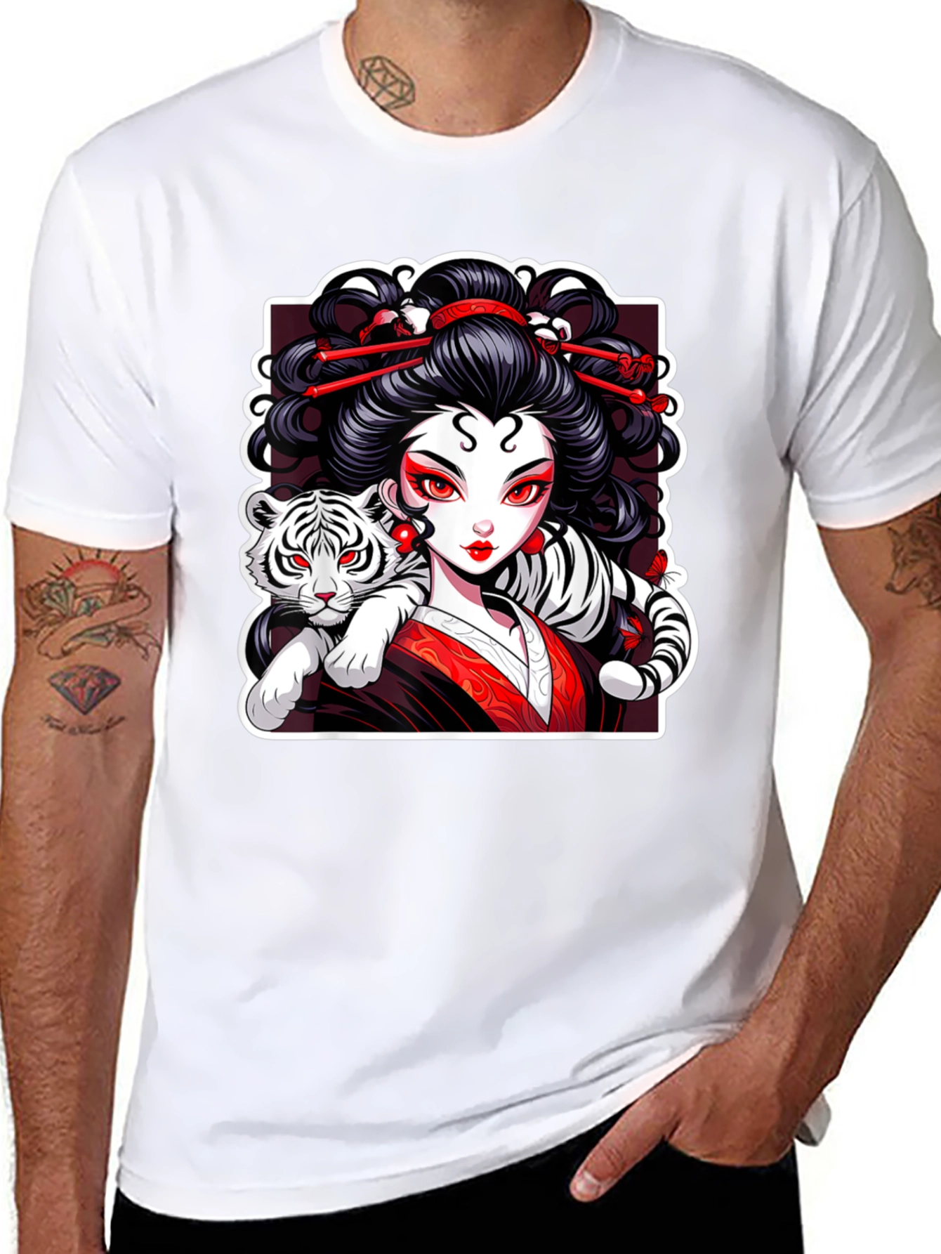 Geisha & Tiger Graphic Tee - Cool Artistic Design!