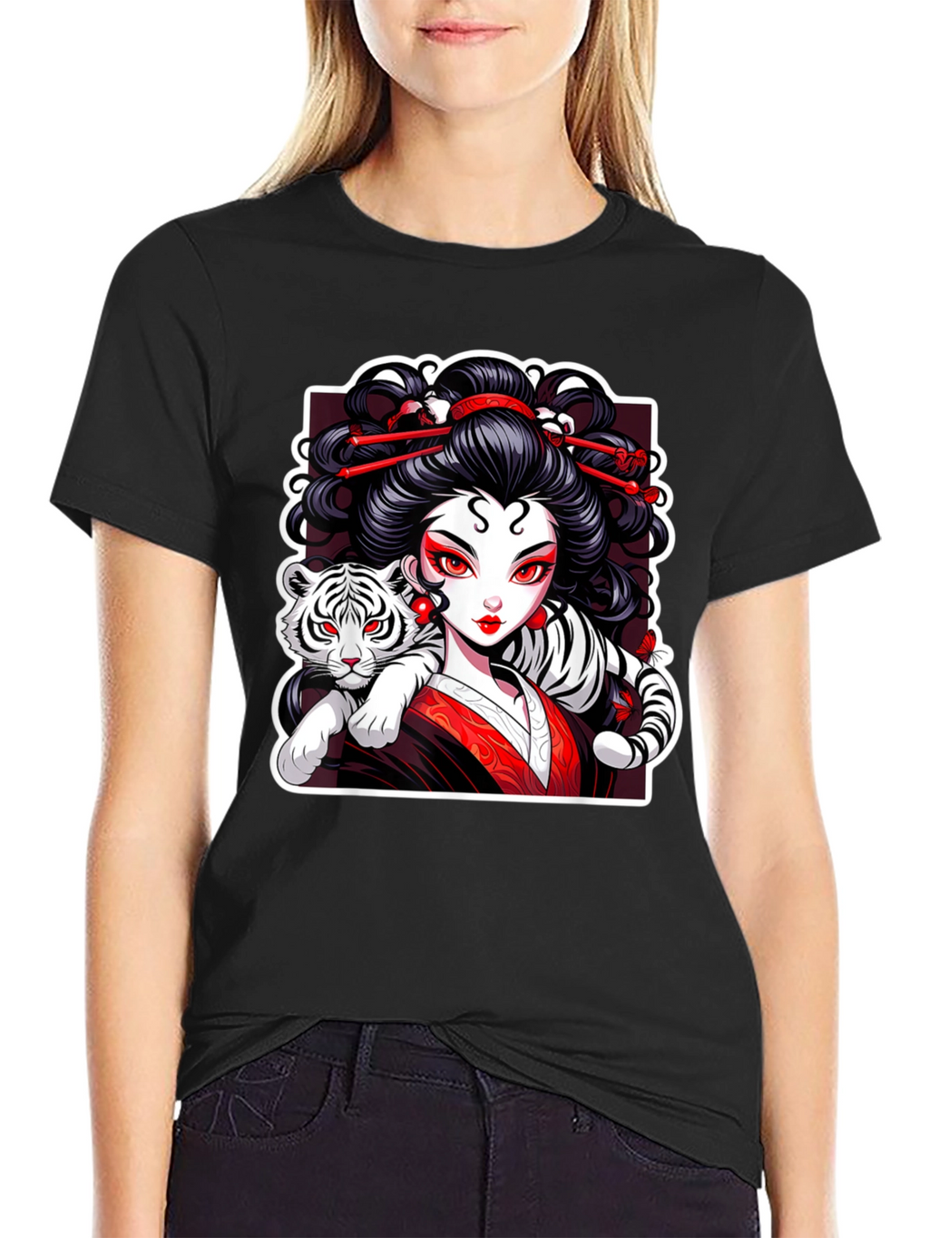 Geisha & Tiger Graphic Tee - Cool Artistic Design!