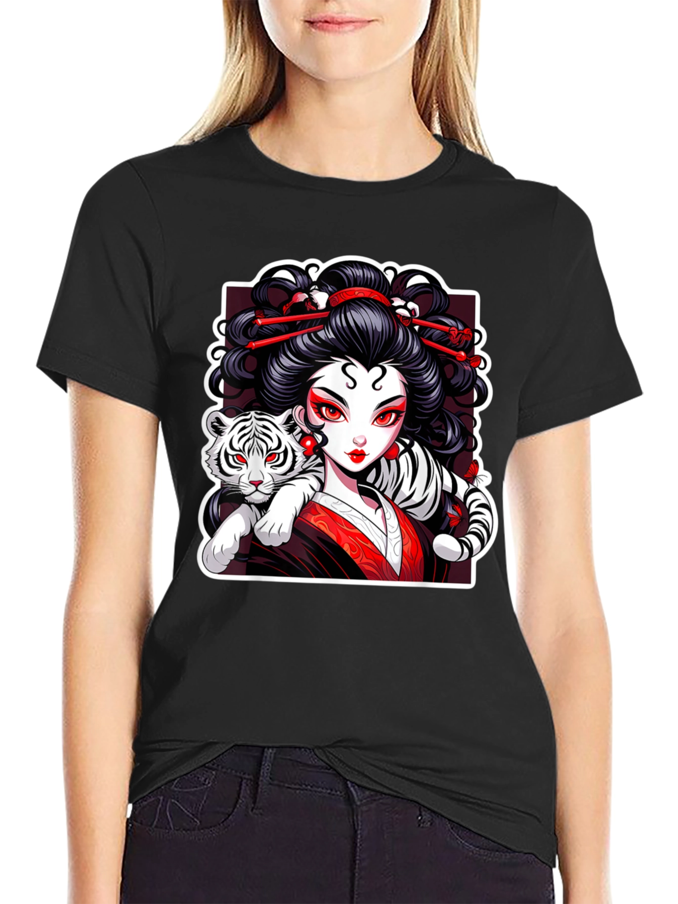 Geisha & Tiger Graphic Tee - Cool Artistic Design!