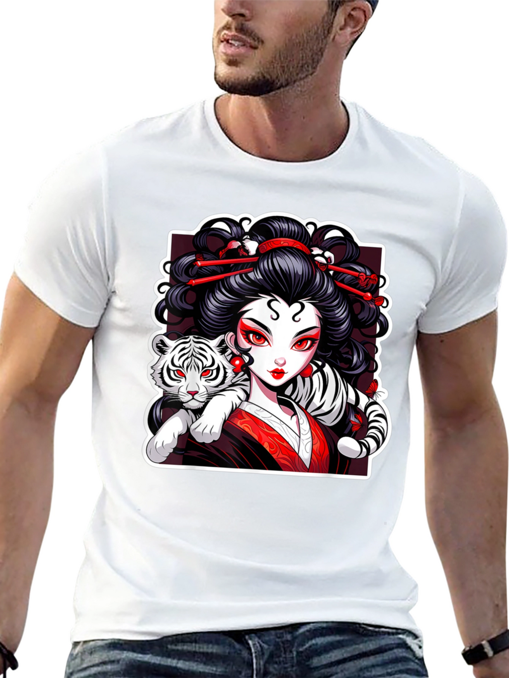 Geisha & Tiger Graphic Tee - Cool Artistic Design!