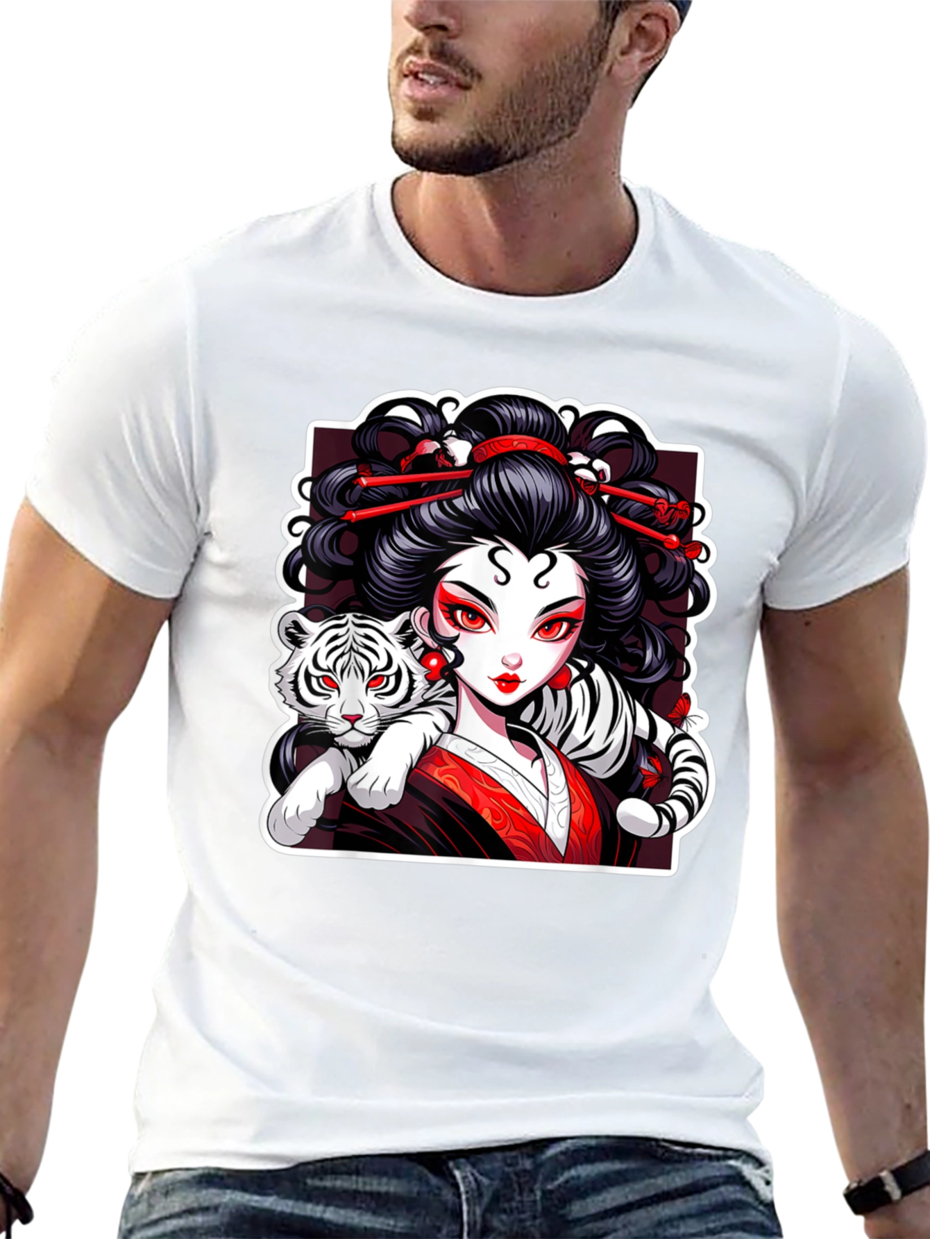 Geisha & Tiger Graphic Tee - Cool Artistic Design!