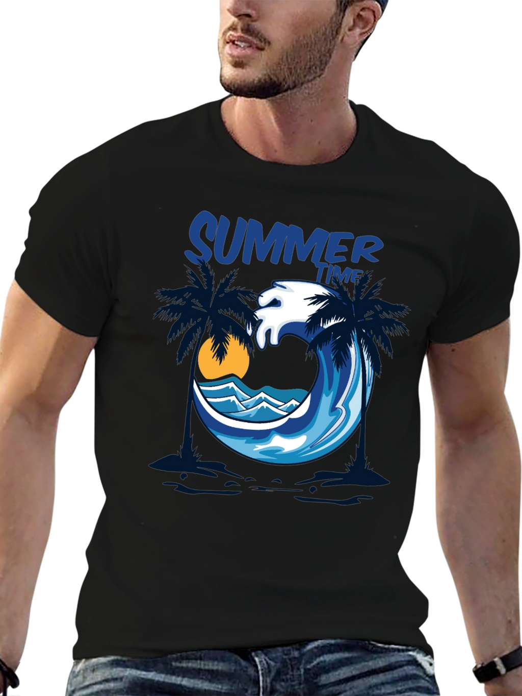 Summer Time Palm Wave Black T-Shirt