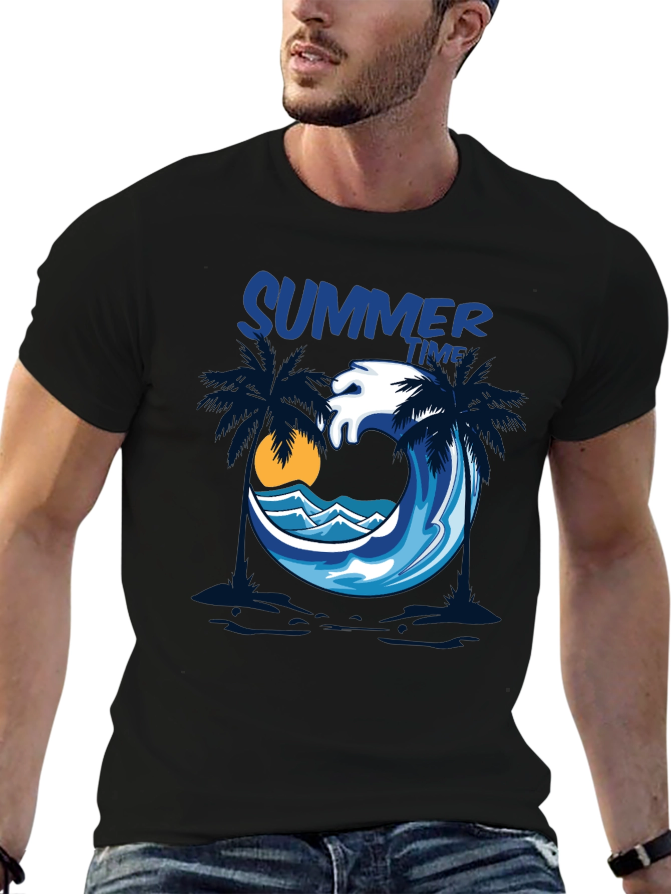 Summer Time Palm Wave Black T-Shirt
