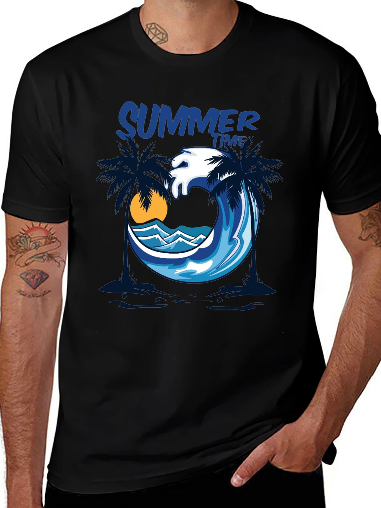 Summer Time Palm Wave Black T-Shirt