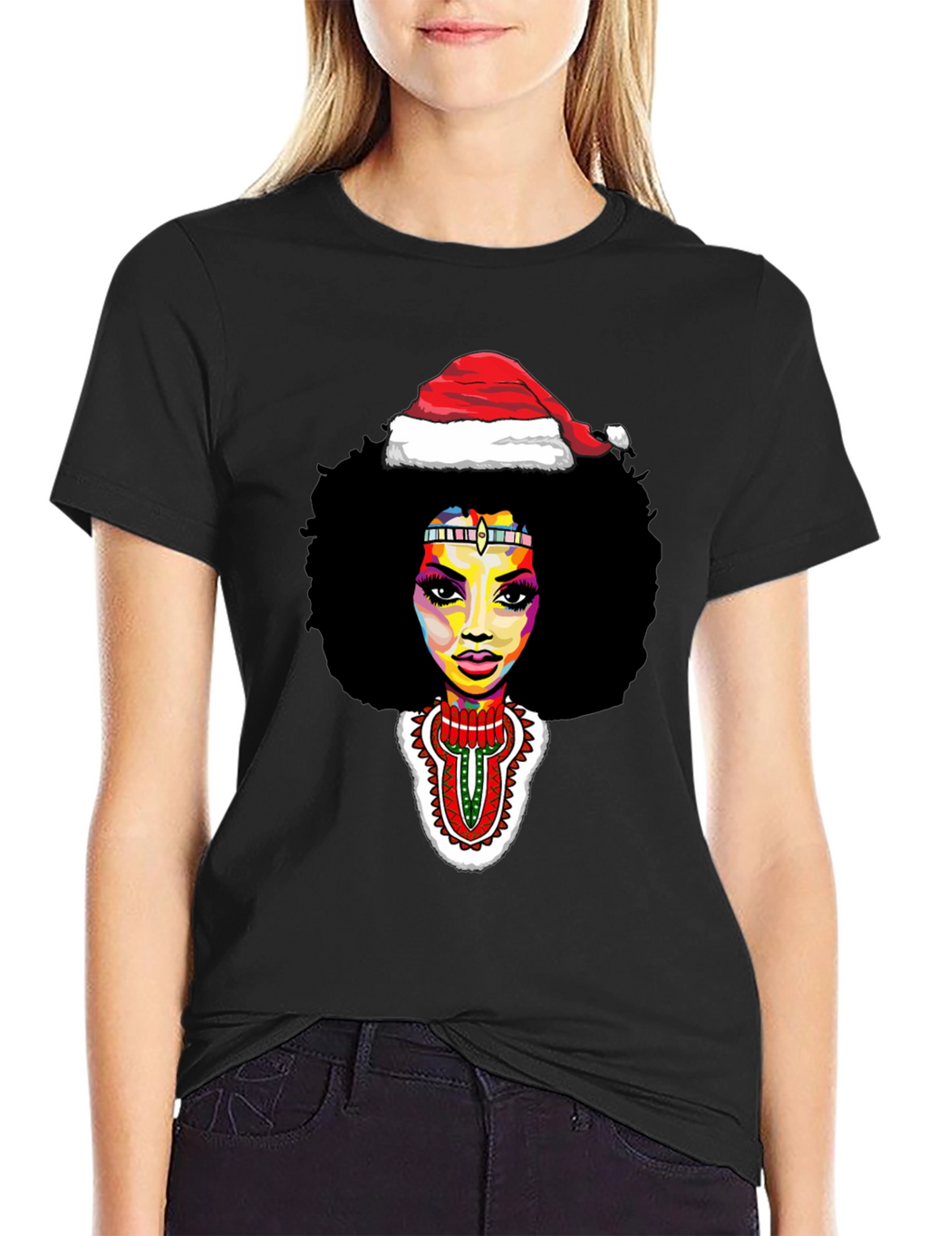 Afro Woman Santa Hat Christmas Graphic Tee
