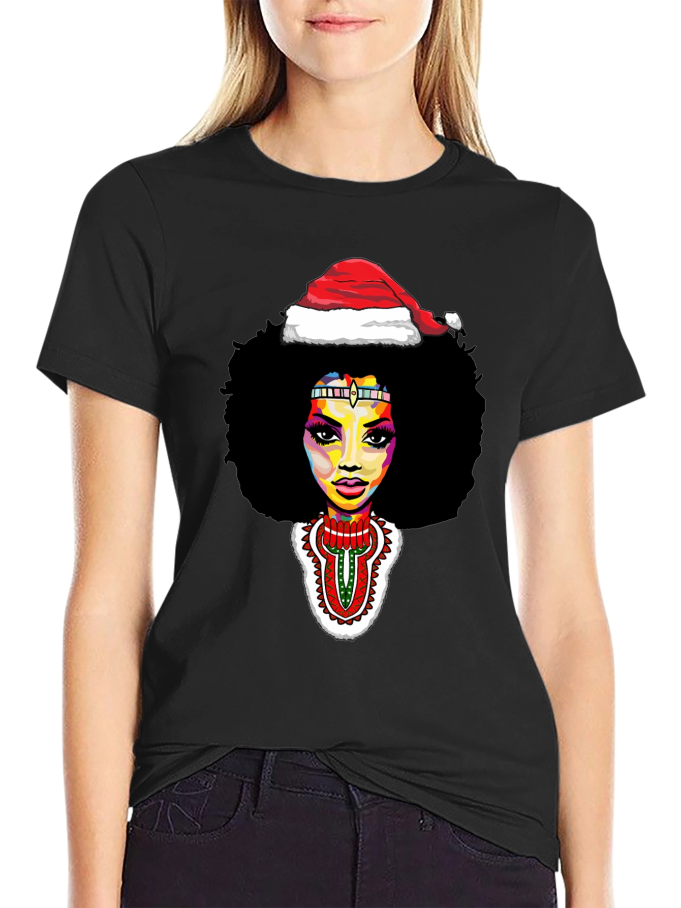 Afro Woman Santa Hat Christmas Graphic Tee