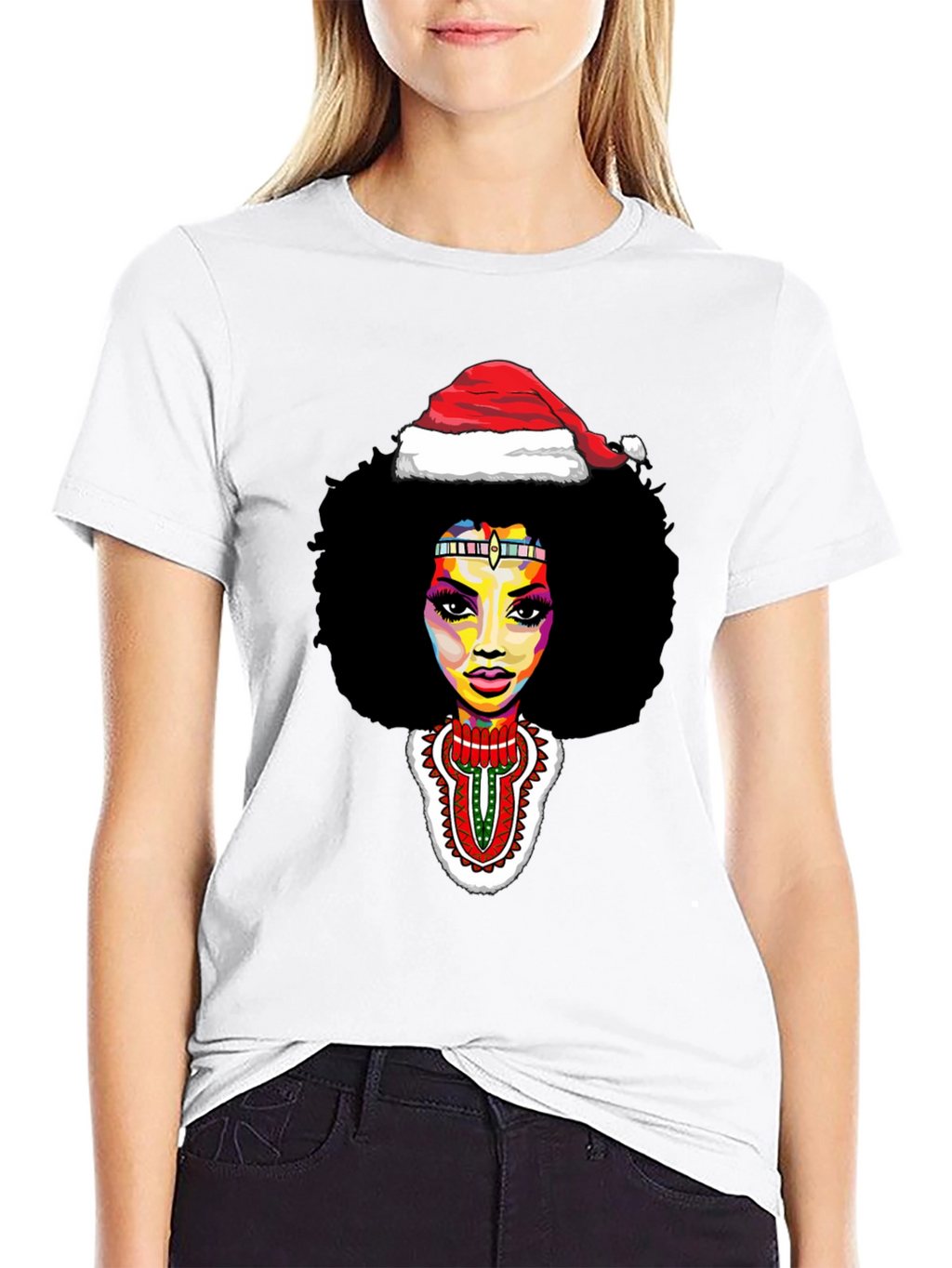 Afro Woman Santa Hat Christmas Graphic Tee