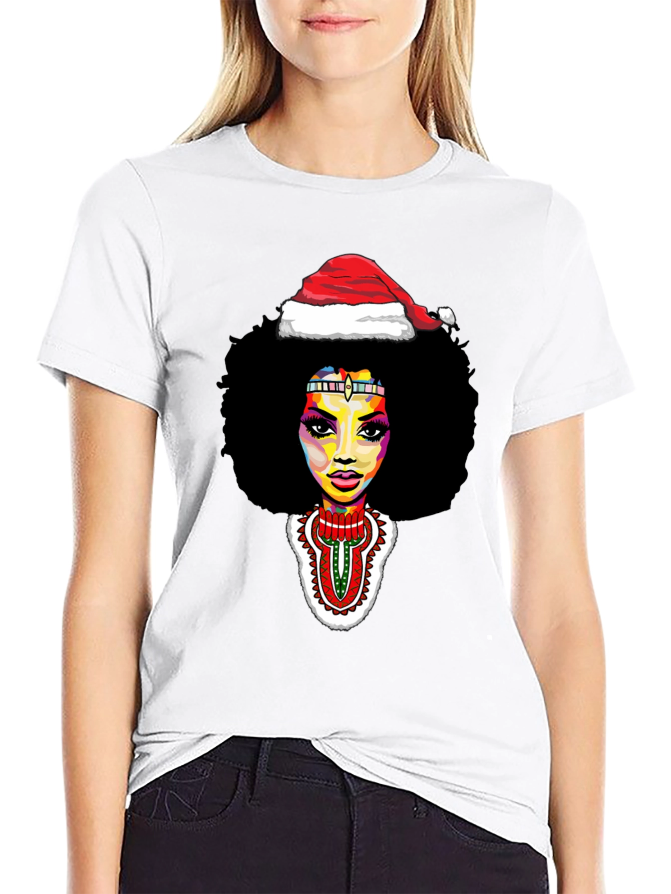 Afro Woman Santa Hat Christmas Graphic Tee