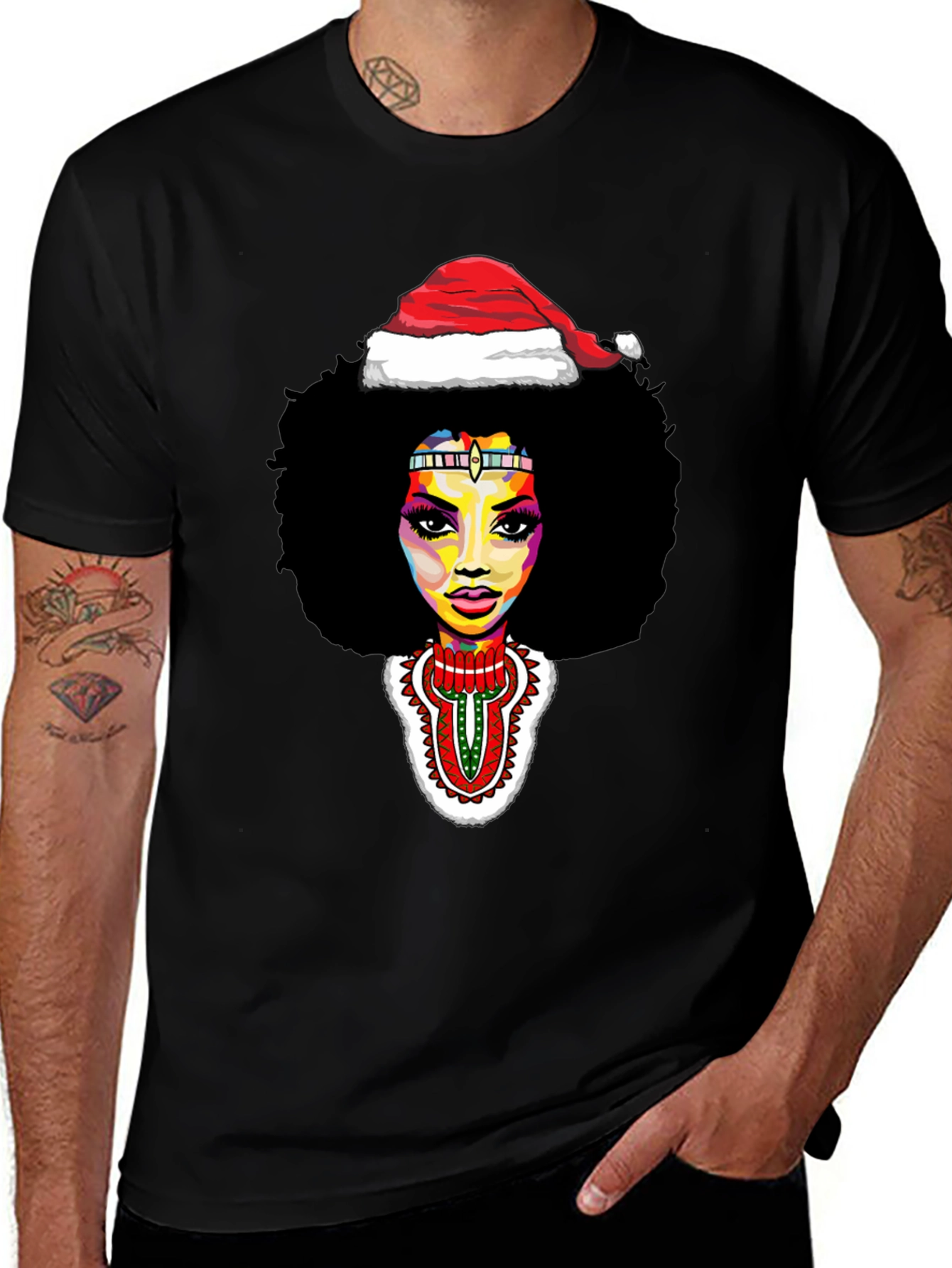 Afro Woman Santa Hat Christmas Graphic Tee