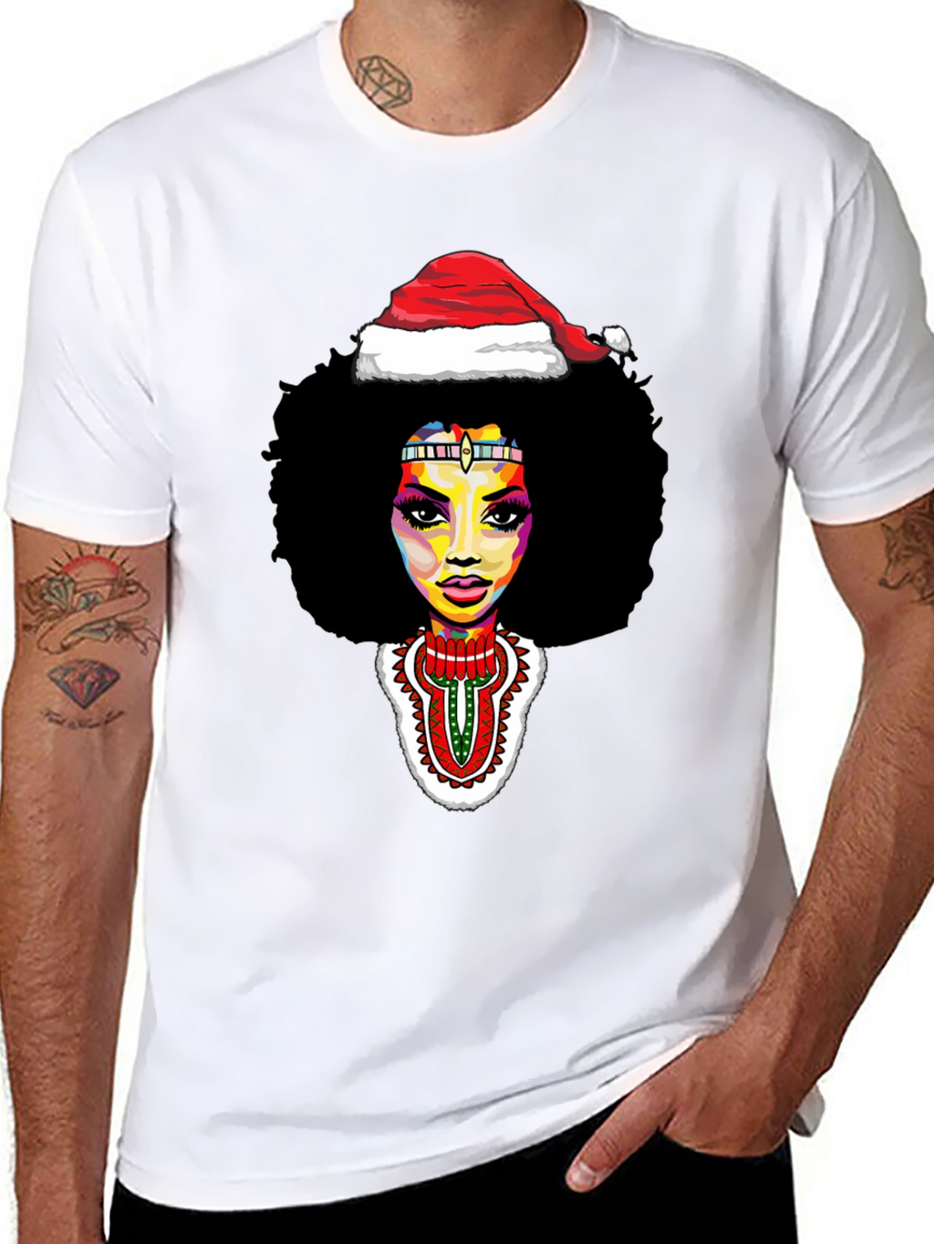 Afro Woman Santa Hat Christmas Graphic Tee