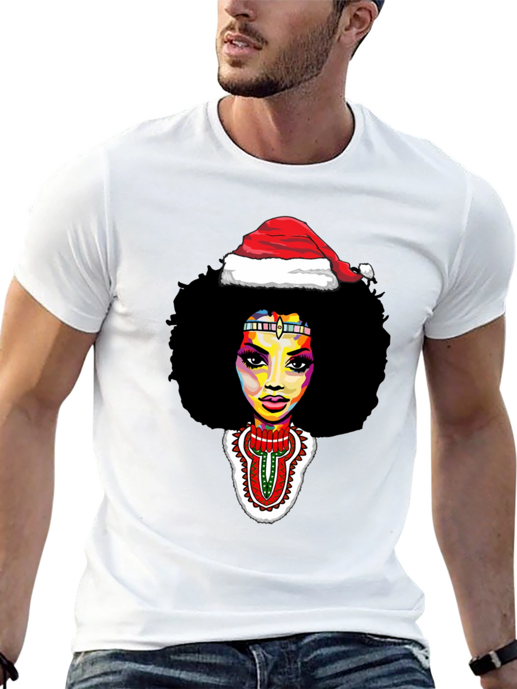 Afro Woman Santa Hat Christmas Graphic Tee