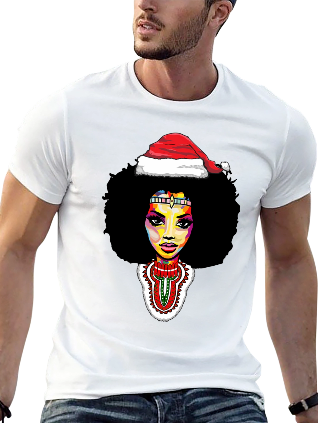 Afro Woman Santa Hat Christmas Graphic Tee