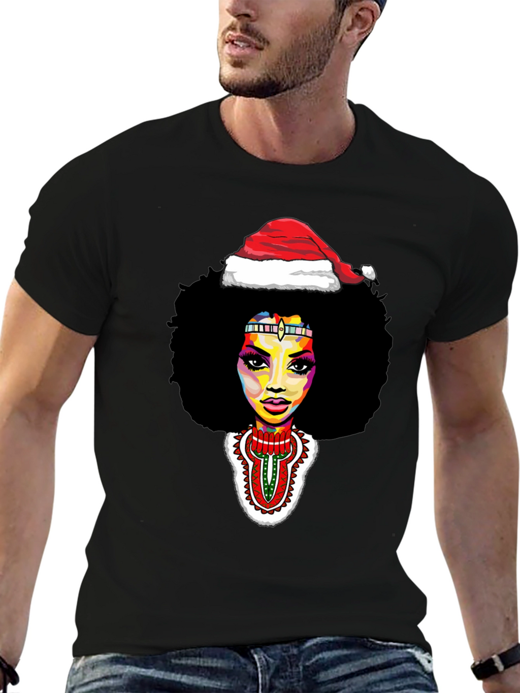 Afro Woman Santa Hat Christmas Graphic Tee