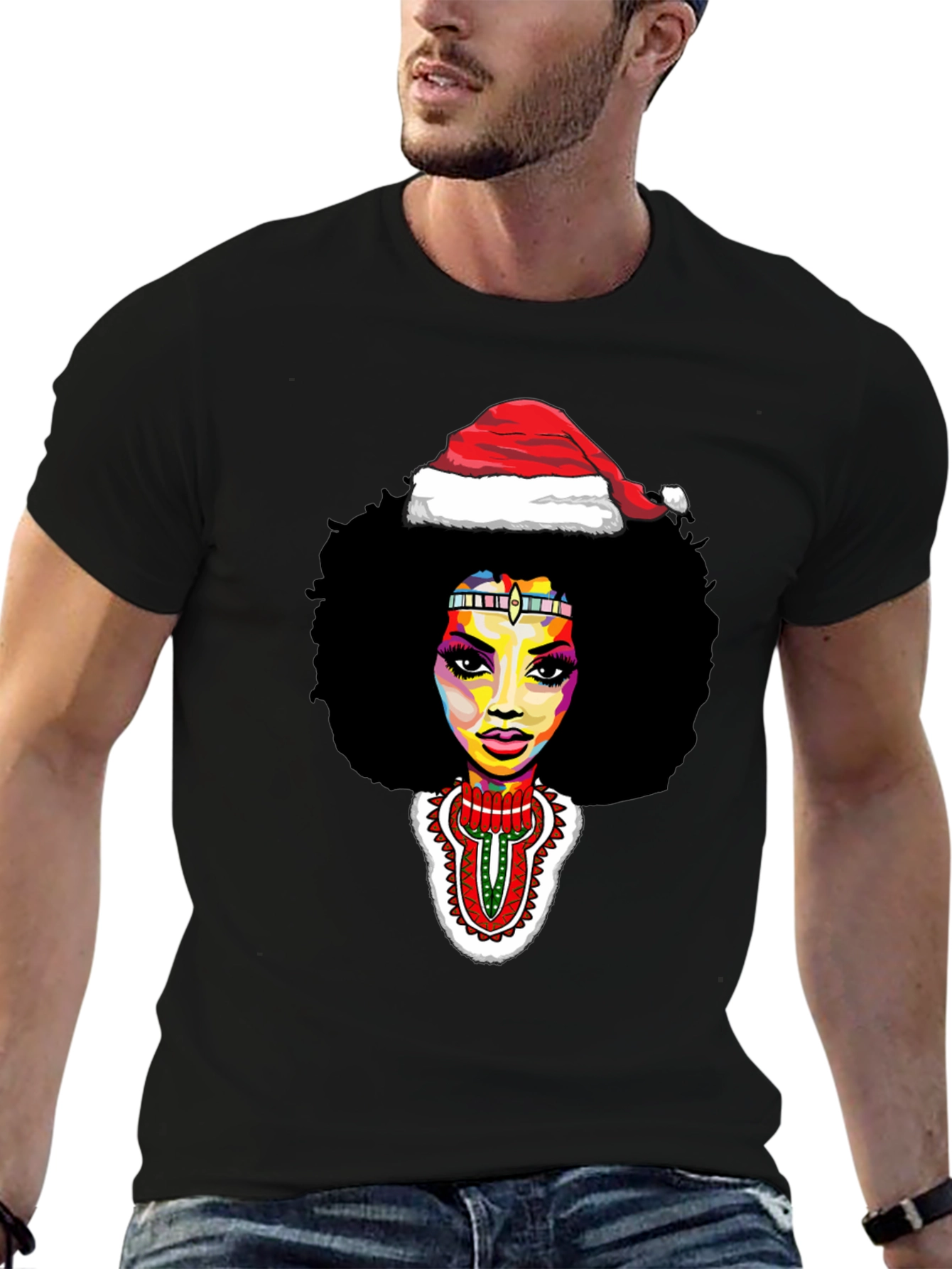 Afro Woman Santa Hat Christmas Graphic Tee