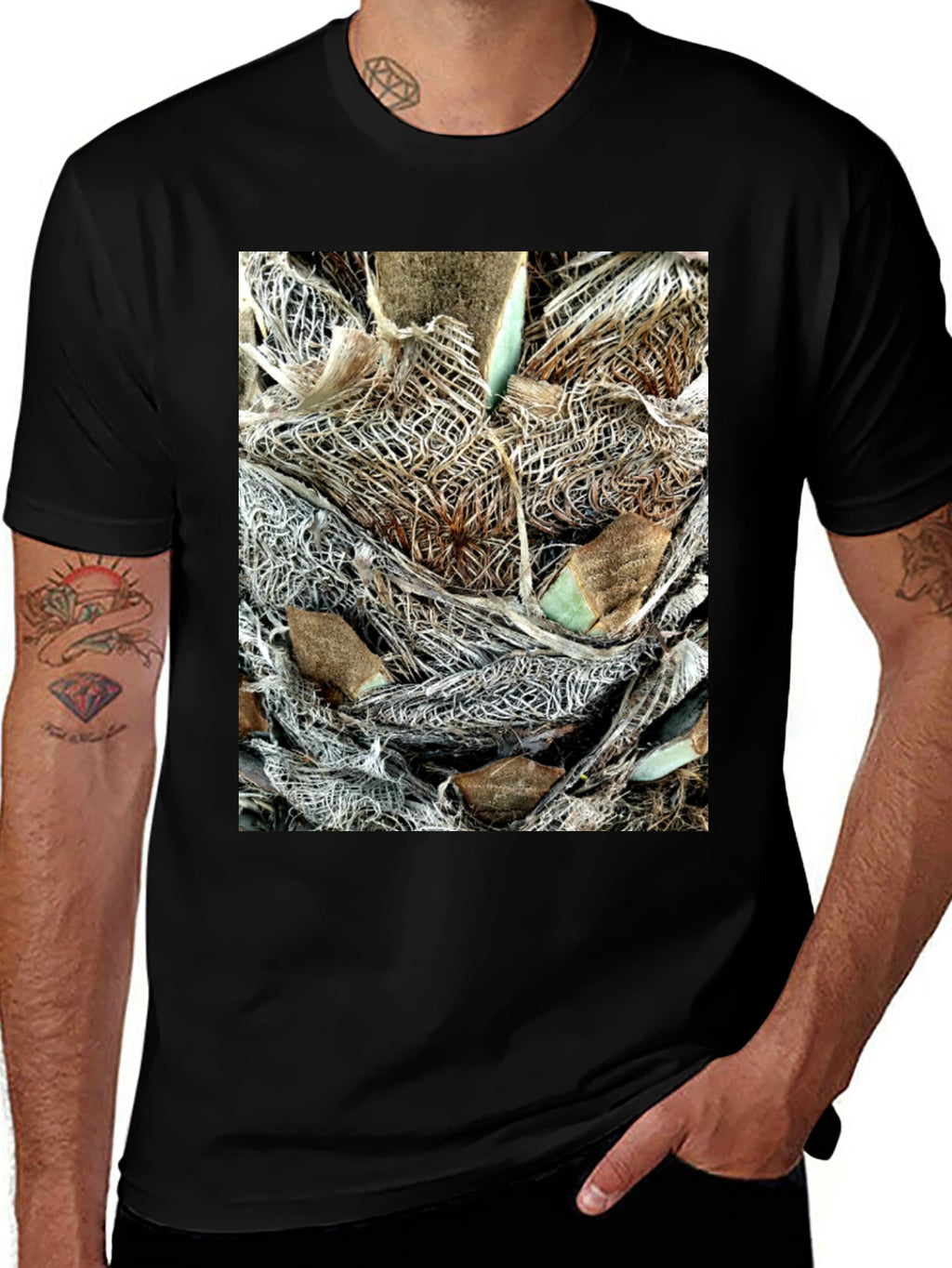Textured Palm Bark Print Black T-Shirt