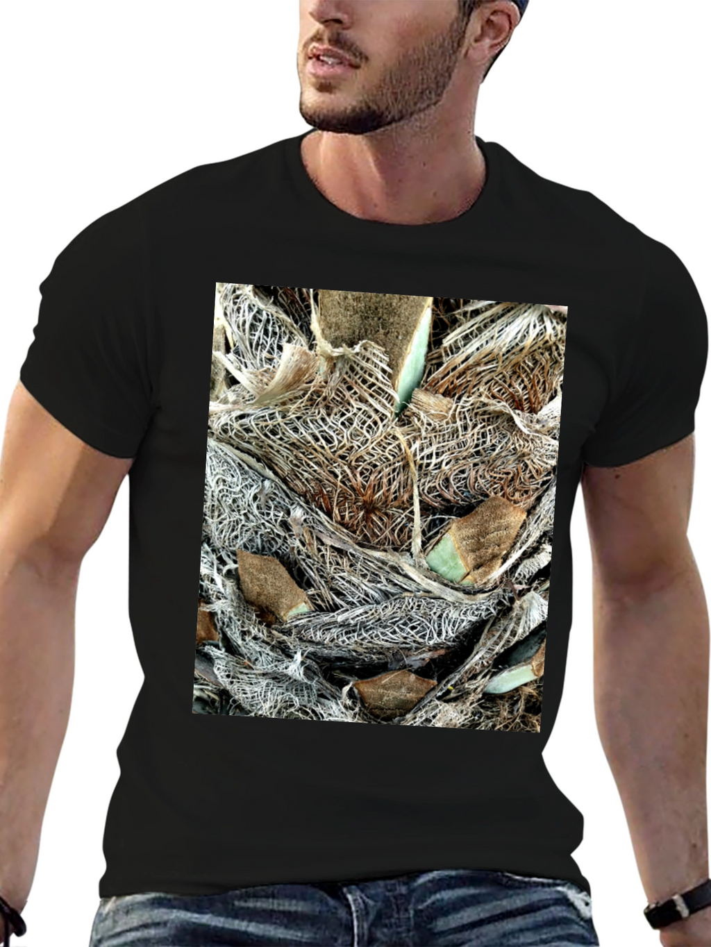 Textured Palm Bark Print Black T-Shirt