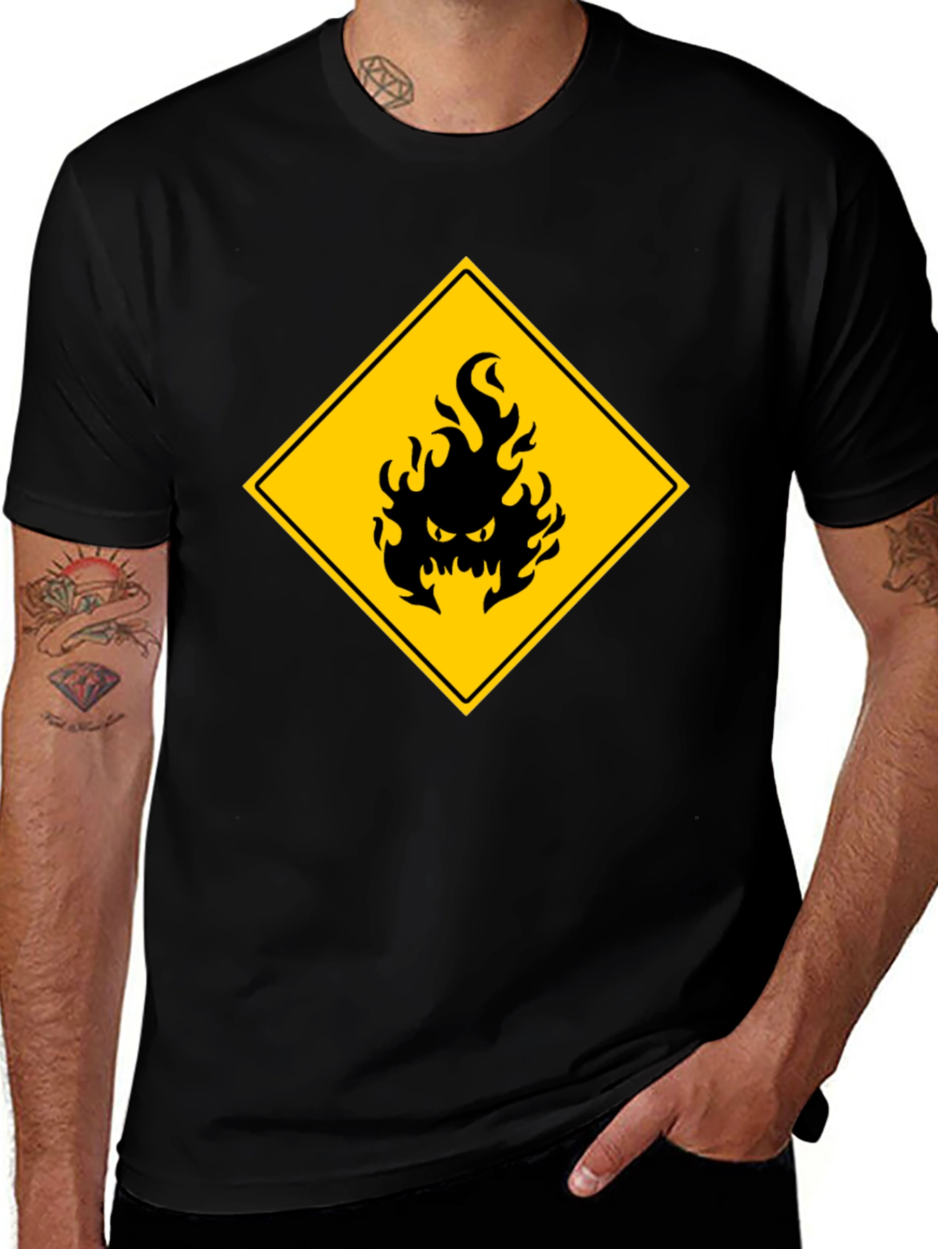Mens Black T-Shirt - Hazard Fire Graphic
