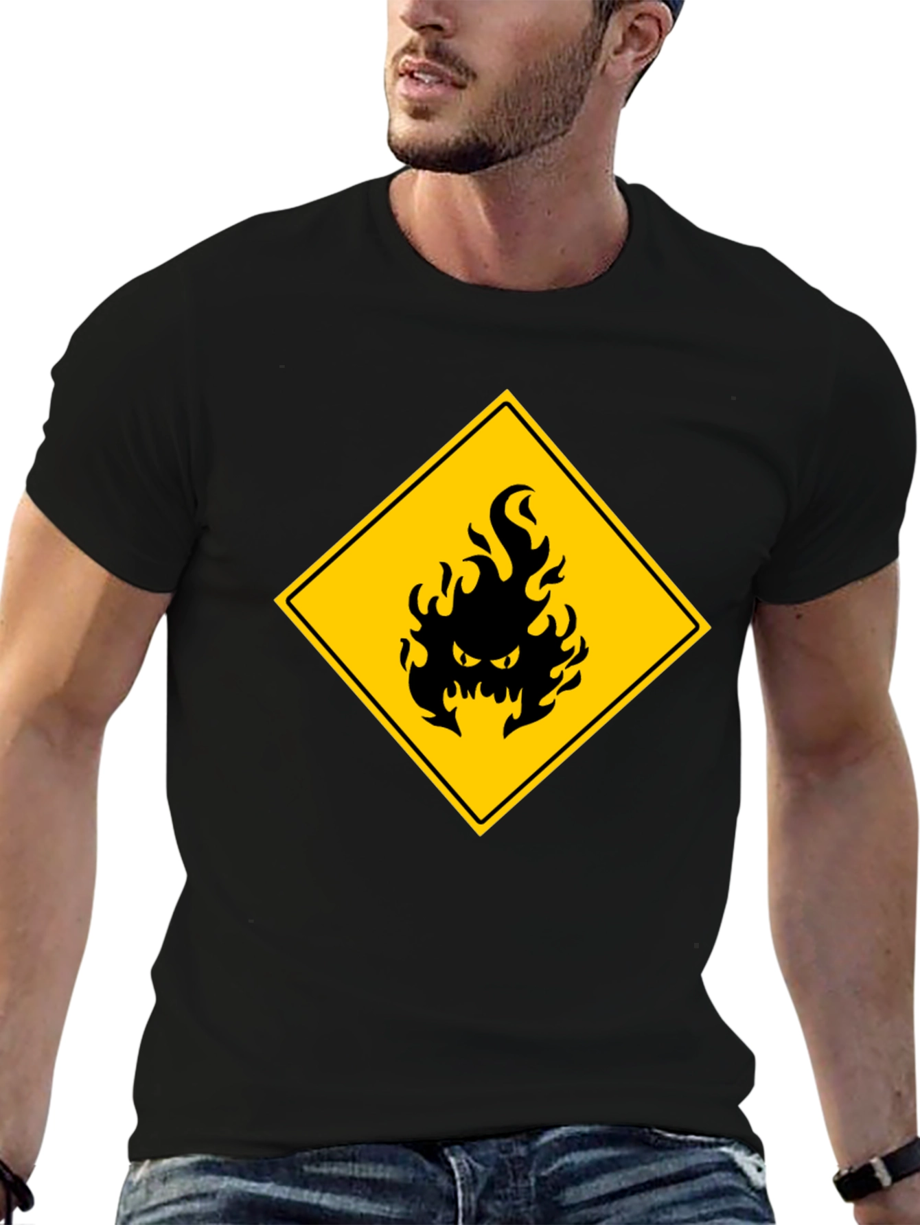 Mens Black T-Shirt - Hazard Fire Graphic