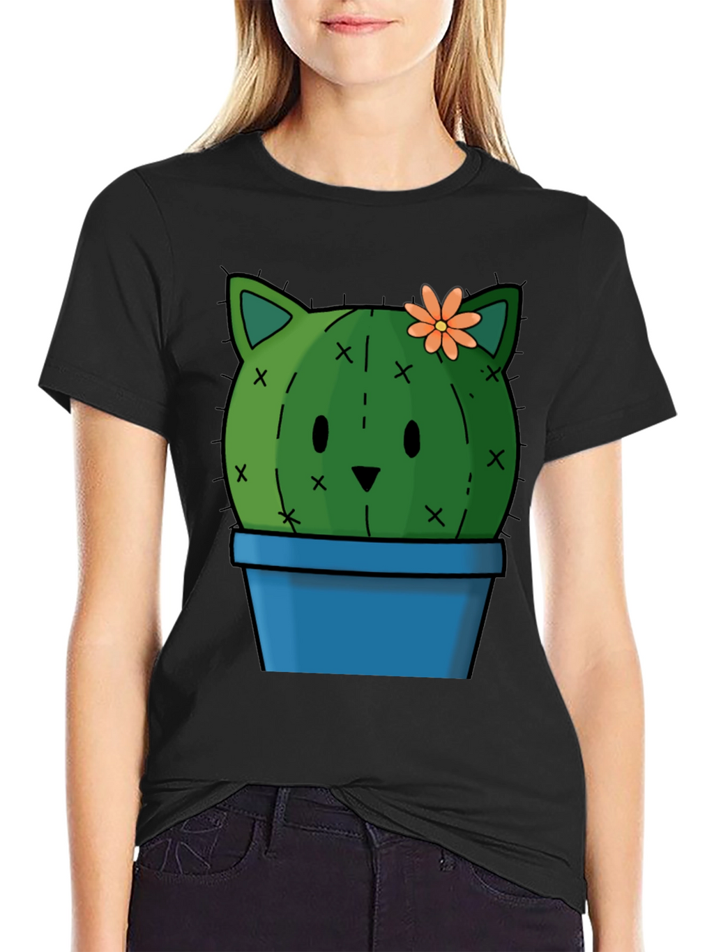 Cute Cactus Cat T-Shirt - Black Cotton Tee