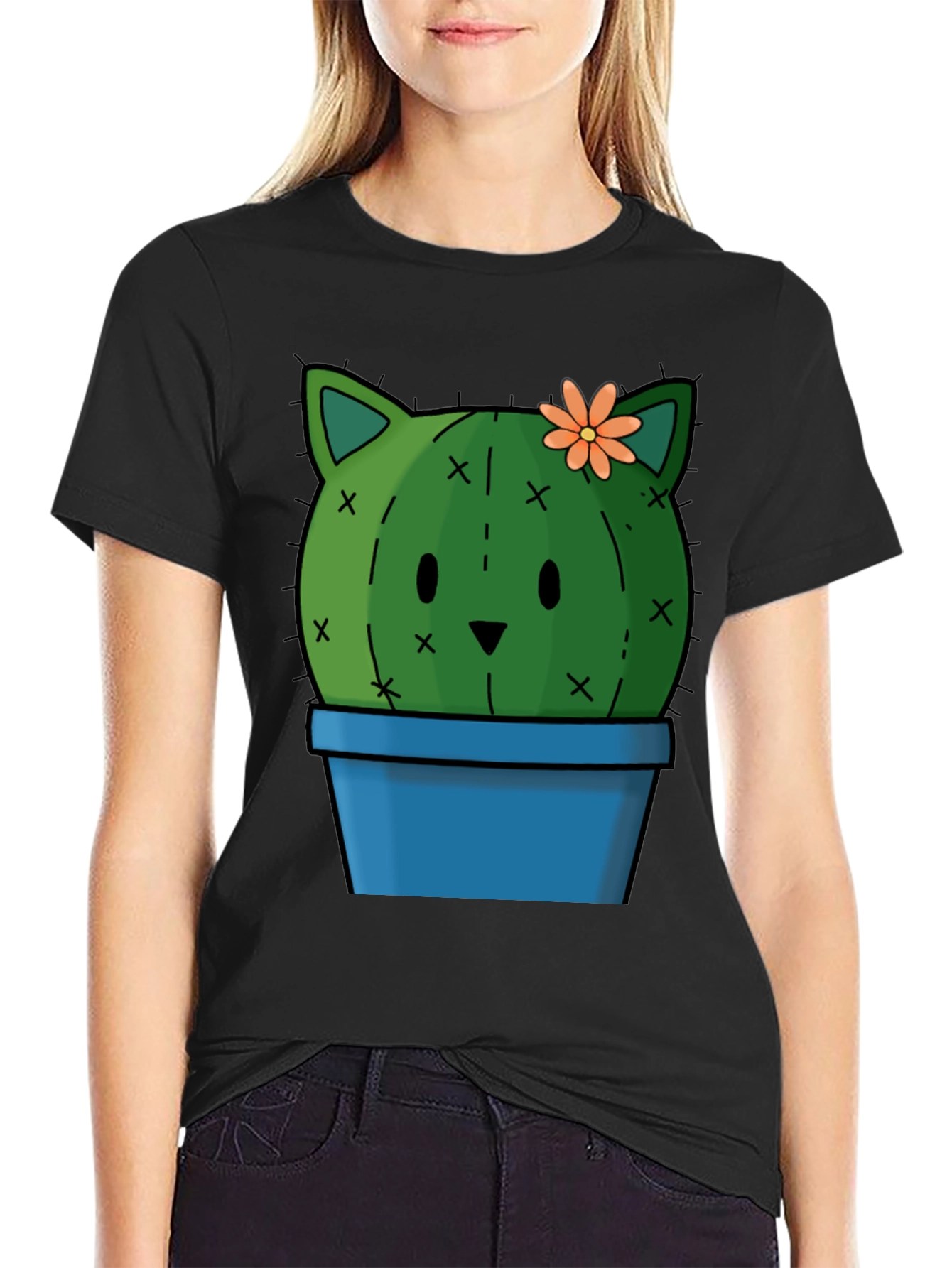 Cute Cactus Cat T-Shirt - Black Cotton Tee