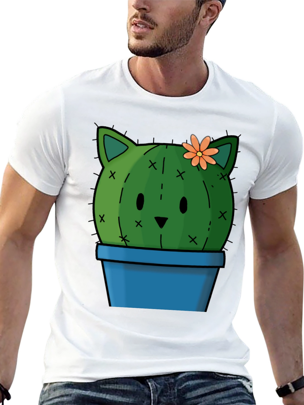 Cute Cactus Cat T-Shirt - Black Cotton Tee