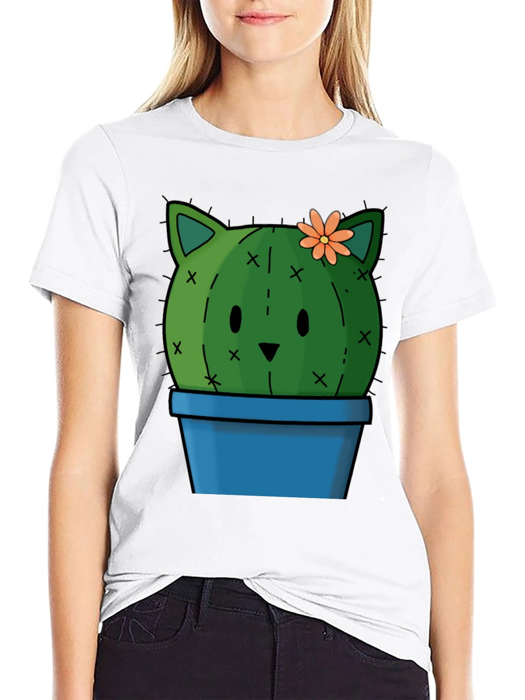 Cute Cactus Cat T-Shirt - Black Cotton Tee