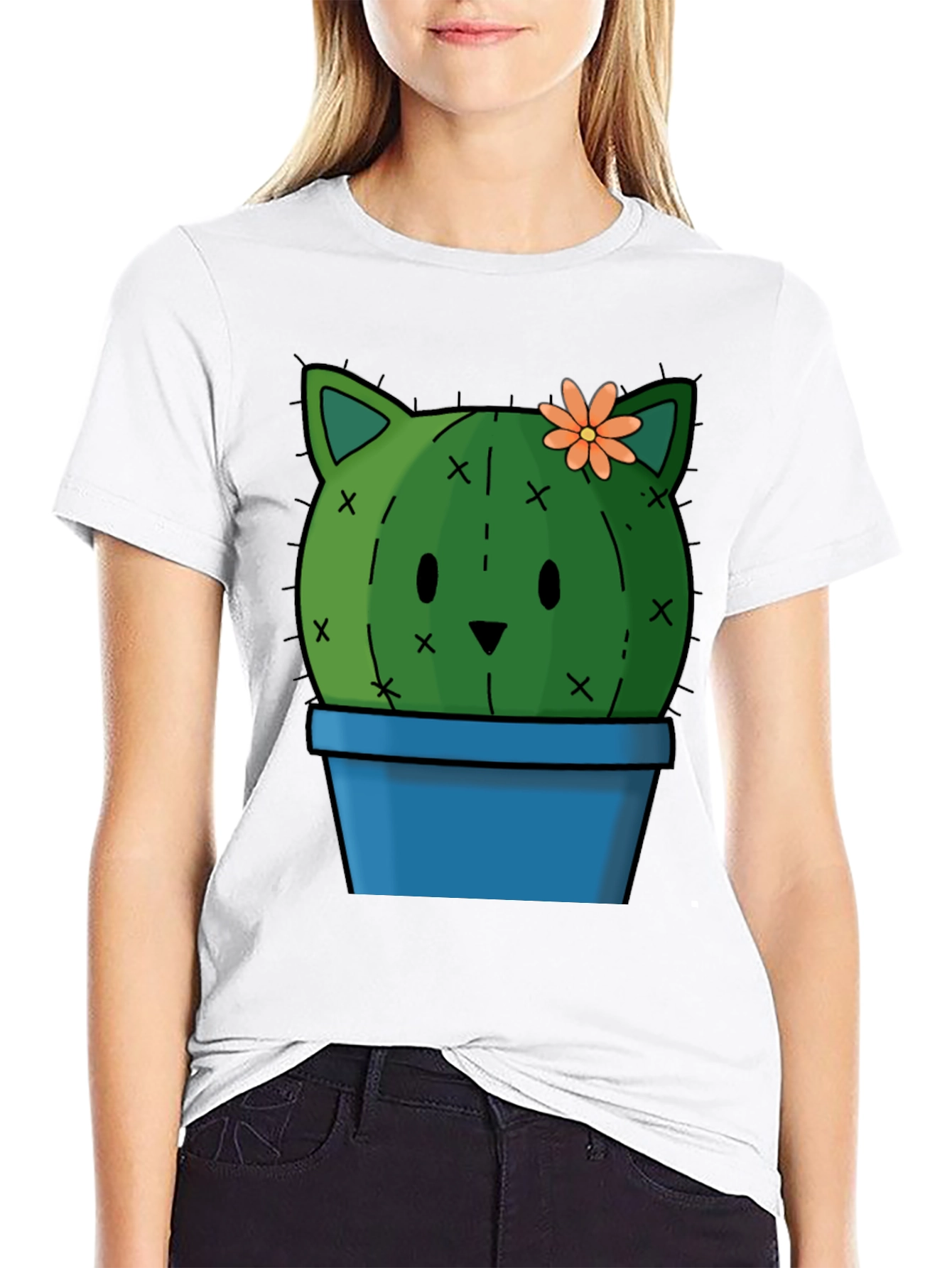 Cute Cactus Cat T-Shirt - Black Cotton Tee