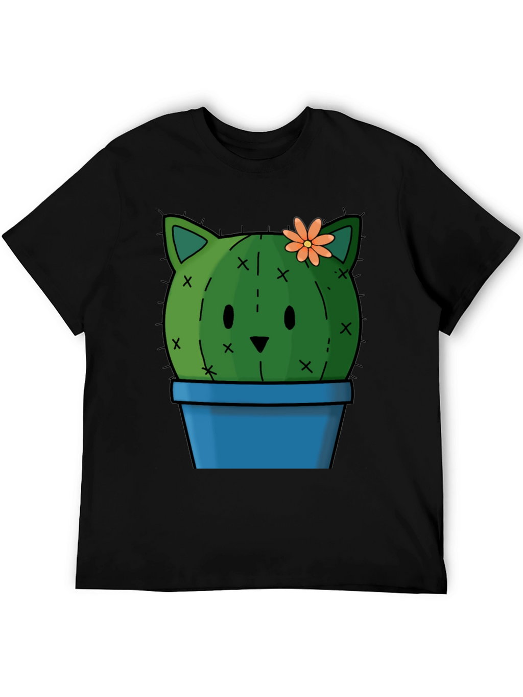 Cute Cactus Cat T-Shirt - Black Cotton Tee